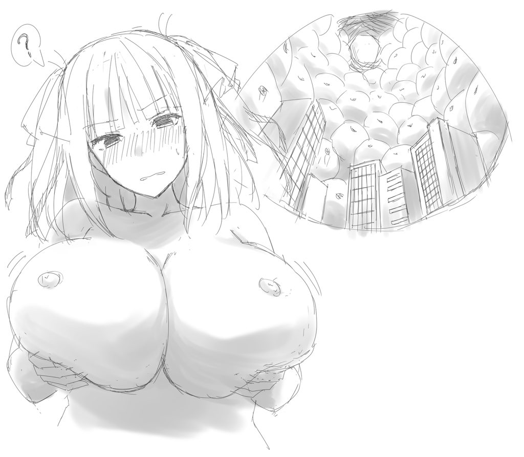 big breasts, blush, breast vore, city, confused, edogts, fondling breast, giantess, go-toubun no hanayome, inside breasts, macro, micro, milk ducts, nakano nino, nipple vore, shrunken city, unaware, wide body
