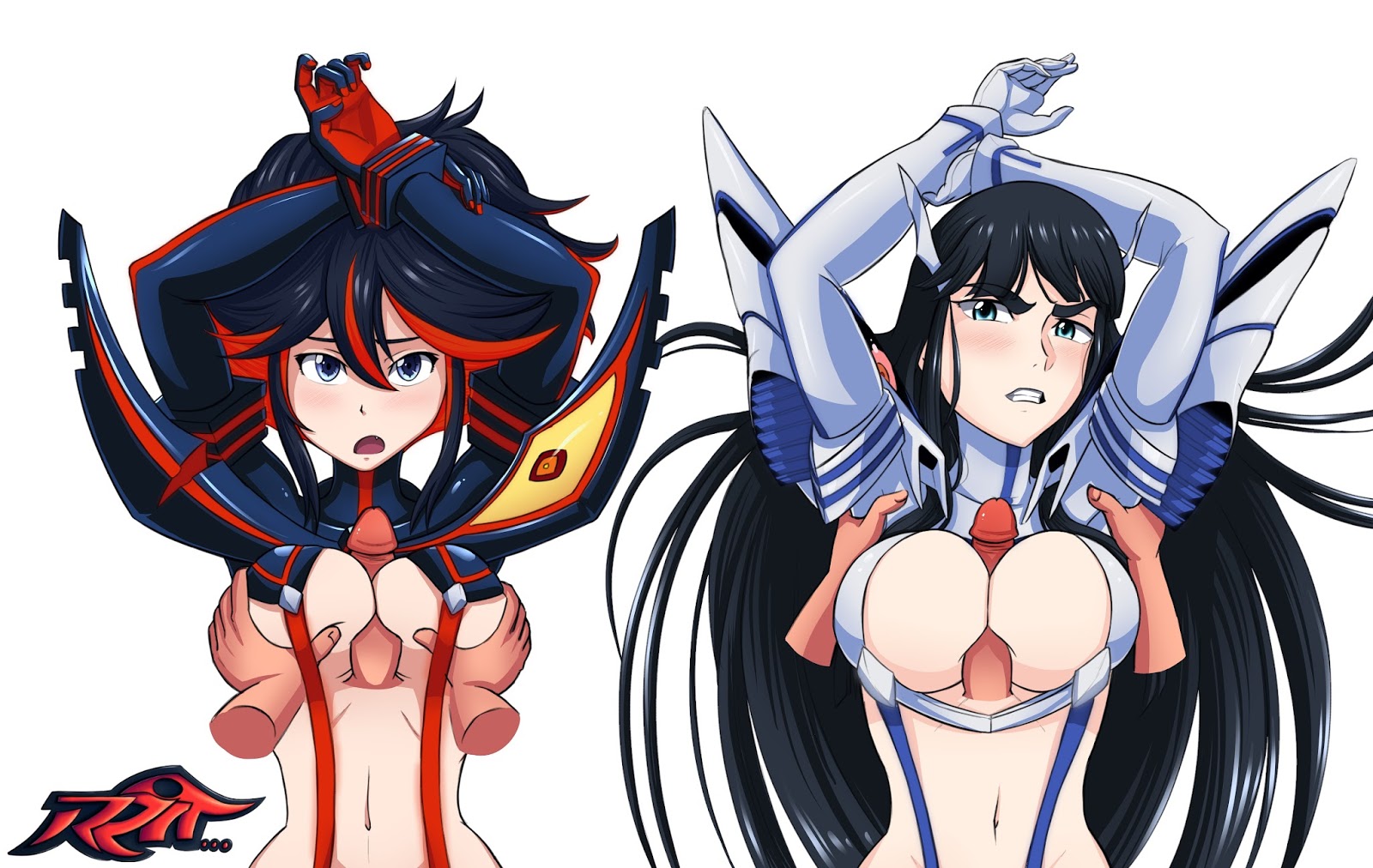 2boys, 2girls, armor, arms up, bikini armor, black hair, blue eyes, breast grab, breastjob, breasts, busty, cleavage, cleavage cutout, disembodied limb, disembodied penis, female, gloves, highlights, hourglass figure, junketsu, kill la kill, kiryuuin satsuki, long hair, male, matoi ryuuko, multiple boys, multiple females, multiple girls, multiple males, navel, open mouth, paizuri, penis, reit, senketsu, short hair, siblings, sisters, straight, suspenders, underboob, voluptuous