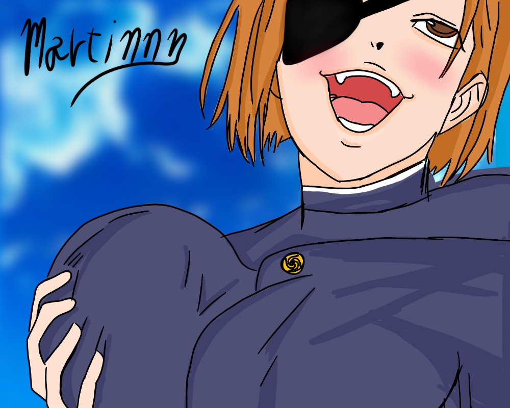 blush, city boy, clothed, color, colored, eyes rolled back, fanart, female, jujutsu kaisen, kugisaki nobara, martinnn (artist), meme, nobara kugisaki, open mouth, original art, original artwork, solo, teeth, tongue, yumeko grabbing her breast