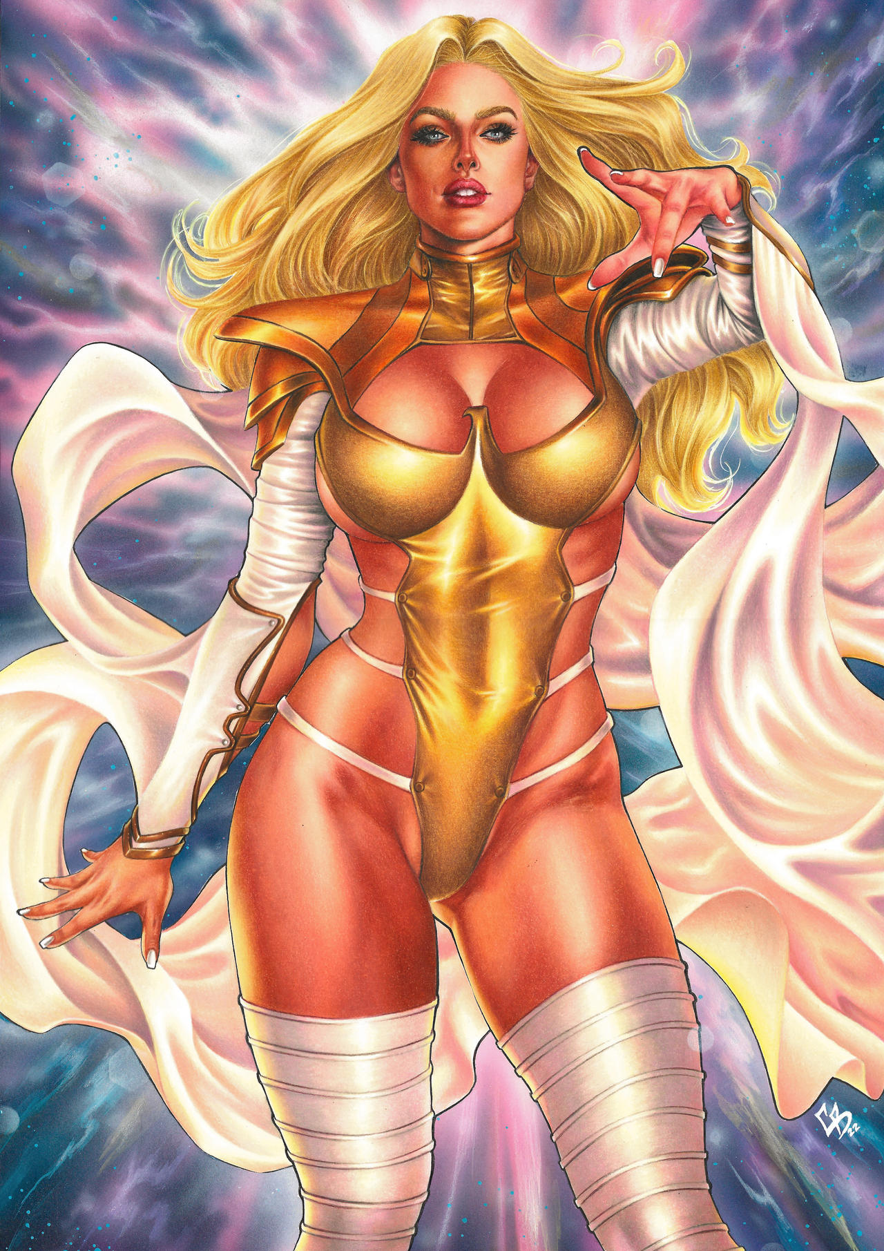 big_breasts blonde_hair blue_eyes breasts cape chriscomicart cleavage ed_benes_studio emma_frost leotard looking_at_viewer marvel marvel_comics nail_polish phoenix_five pinup thick_thighs thighhighs thin_waist white_queen wide_hips x-men