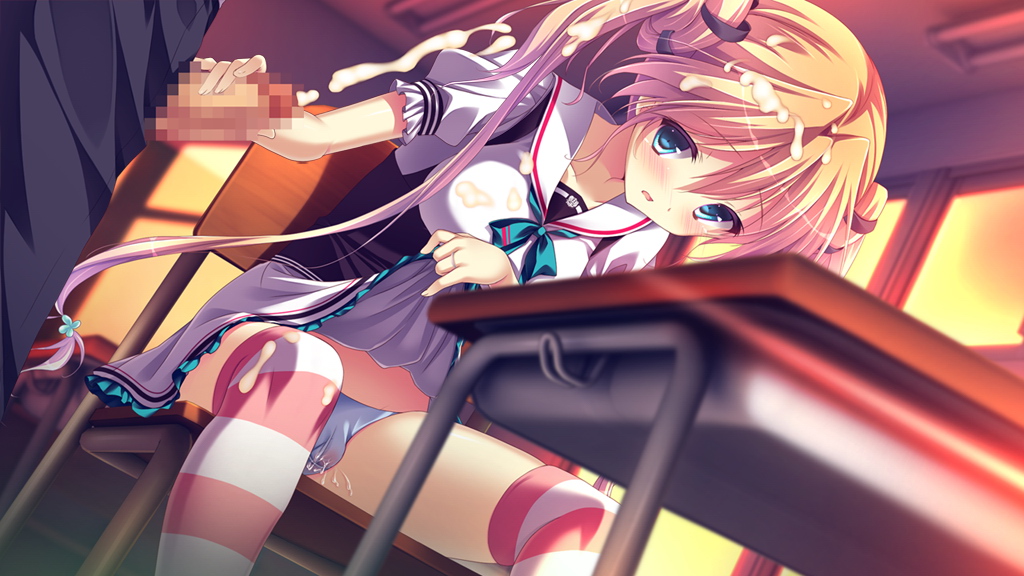 blue_eyes blush brown_hair censored cum female game_cg kanojo_ga_ore_ni_kureta_mono._ore_ga_kanojo_ni_ageru_mono. kojima_alice long_hair onomatope penis shiratama striped striped_legwear thighhighs tied_hair twintails