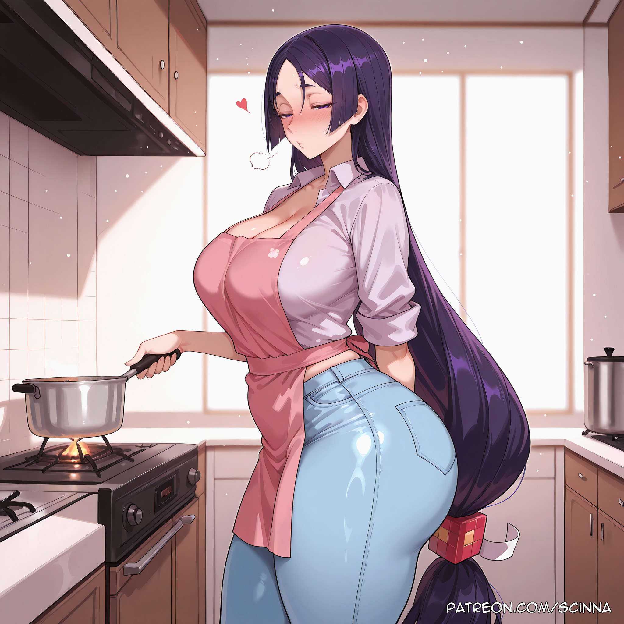 ai generated, apron, ass, bangs, blush, breasts, cleavage, cooking, curvaceous, curvaceous body, curvy, curvy body, curvy female, denim, fate (series), fate/grand order, female, indoors, jeans, kitchen, long hair, low-tied long hair, minamoto no raikou (fate/grand order), pants, parted bangs, pot, purple eyes, purple hair, scinna, self upload, solo, stable diffusion, stove, very long hair