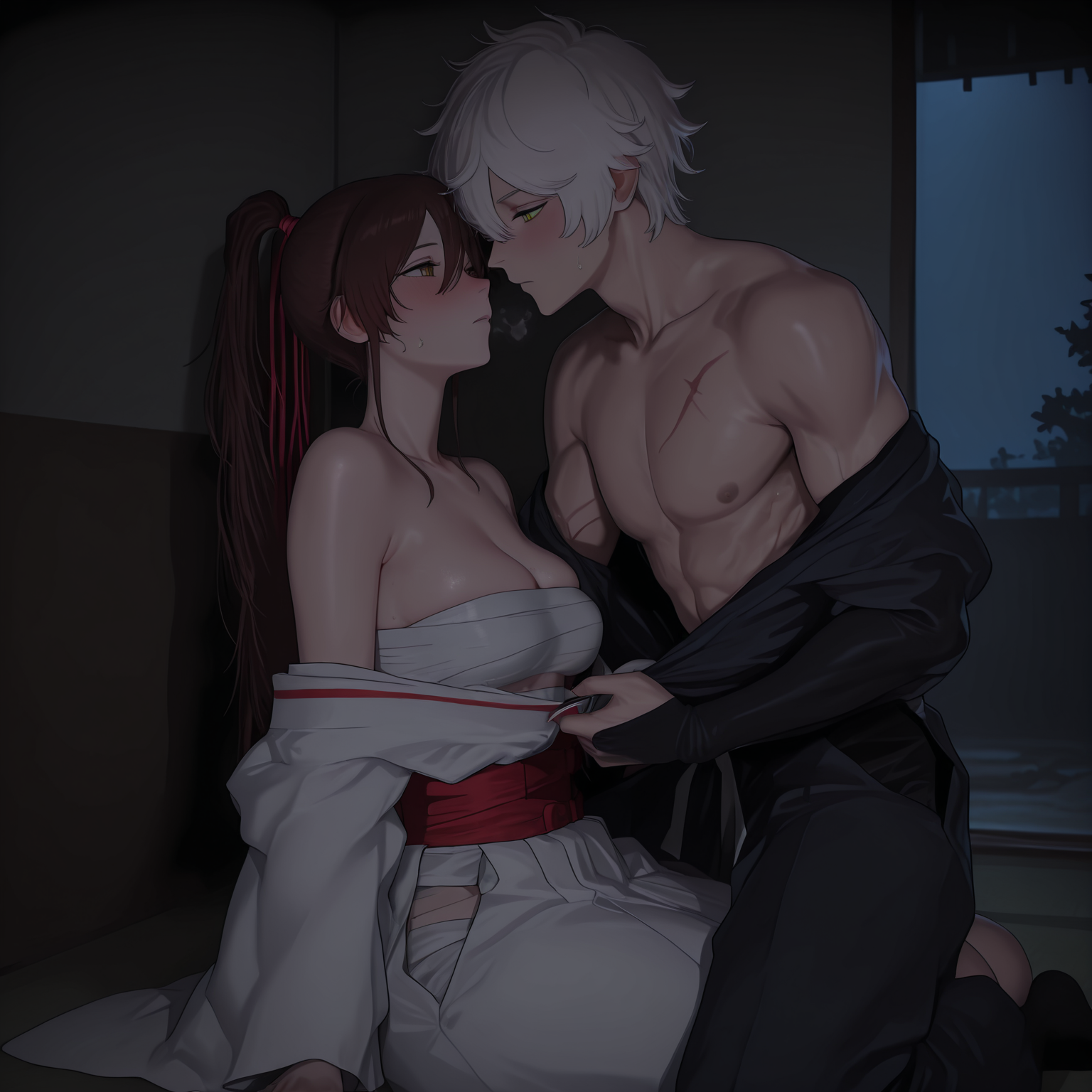 1boy, abs, ai generated, bandage, bare shoulders, blush, brown eyes, brown hair, cheating, cheating husband, cleavage, couple, dark hair, female, fundoshi, gabimaru, gabrail, jigokuraku, kimono, long hair, muscular, muscular male, ninja, on floor, panting, ponytail, scar, short hair, sweat, undressing, white hair, yamada asaemon sagiri, yellow eyes