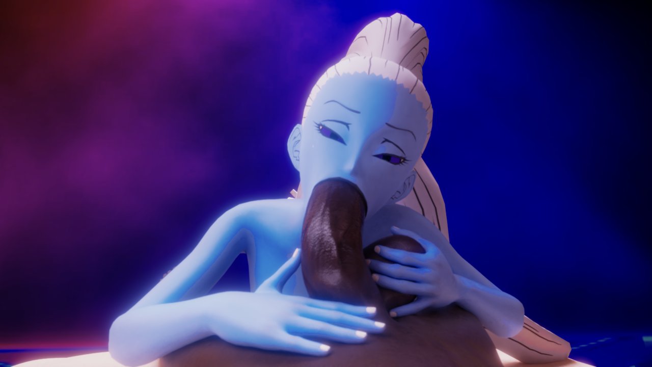16:9, 1boy, 1girls, 3d, big penis, blue skin, dark skin, dark-skinned male, dragon ball, dragon ball super, fellatio, female, large penis, long hair, luvelunsfw, male, penis, render, straight, vados, white hair