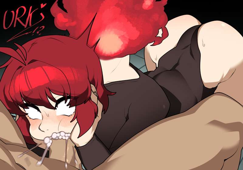 blush, cum in mouth, deepthroat, dullahan, fellatio, headless, holding head, junkzero, tsundere