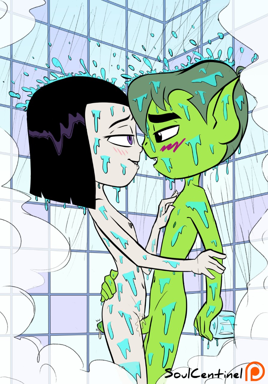 1boy, 1girls, beast boy, black hair, blush, bob cut, cartoon network, completely nude, dc, dc comics, demon, demon girl, female, female/male, flat chest, garfield logan, green hair, green penis, green skin, light skin, light-skinned female, male, metahuman, nude, nude female, nudity, pale skin, pale-skinned female, penis, penis between legs, purple eyes, pussy, rachel roth, raven (dc), rubbing pussy, short hair, shower, shower sex, soulcentinel, standing, superhero, superheroine, teen titans, teen titans go, wet