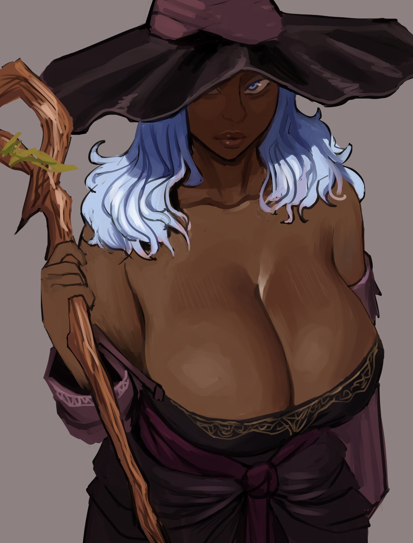 big breasts, big hat, black skin, blue eyes, dairenke art, dark skin, elden ring, elden ring nightreign, fromsoftware, large breasts, looking at viewer, recluse (elden ring), recluse (nightreign), robe, white hair, witch hat