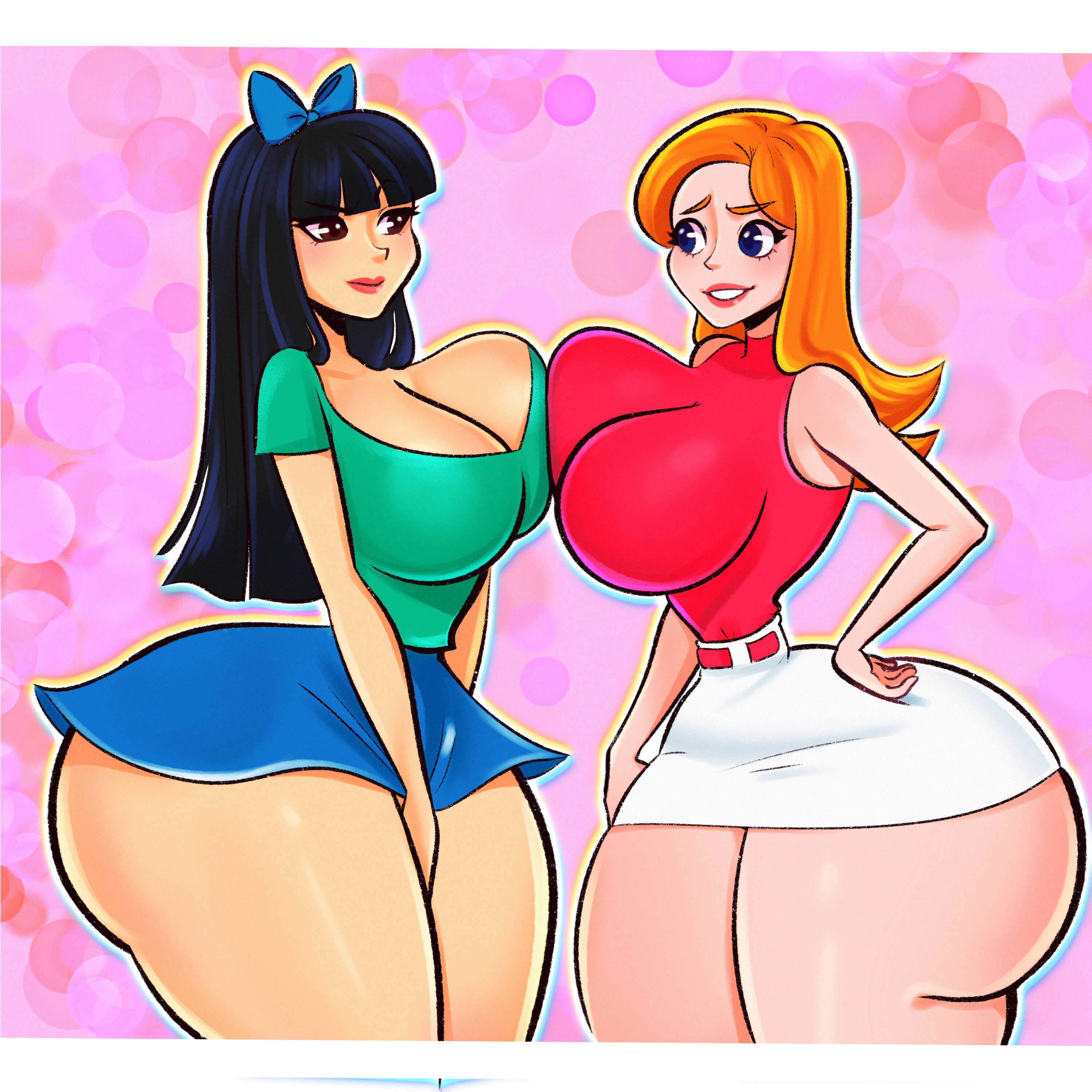 2girls, asian female, ass, bangs, beeronica, big ass, big breasts, black hair, blue eyes, boobs, bow, breast on breasts, breasts, brown eyes, candace flynn, color, digital media, digital media (artwork), disney, disney channel, disney xd, duo, duo focus, eyelashes, hand in own skirt, hand on ass, lipstick, looking at another, orange hair, patreon, phineas and ferb, skirt, stacy hirano, veronica and jelly, white body, white skin