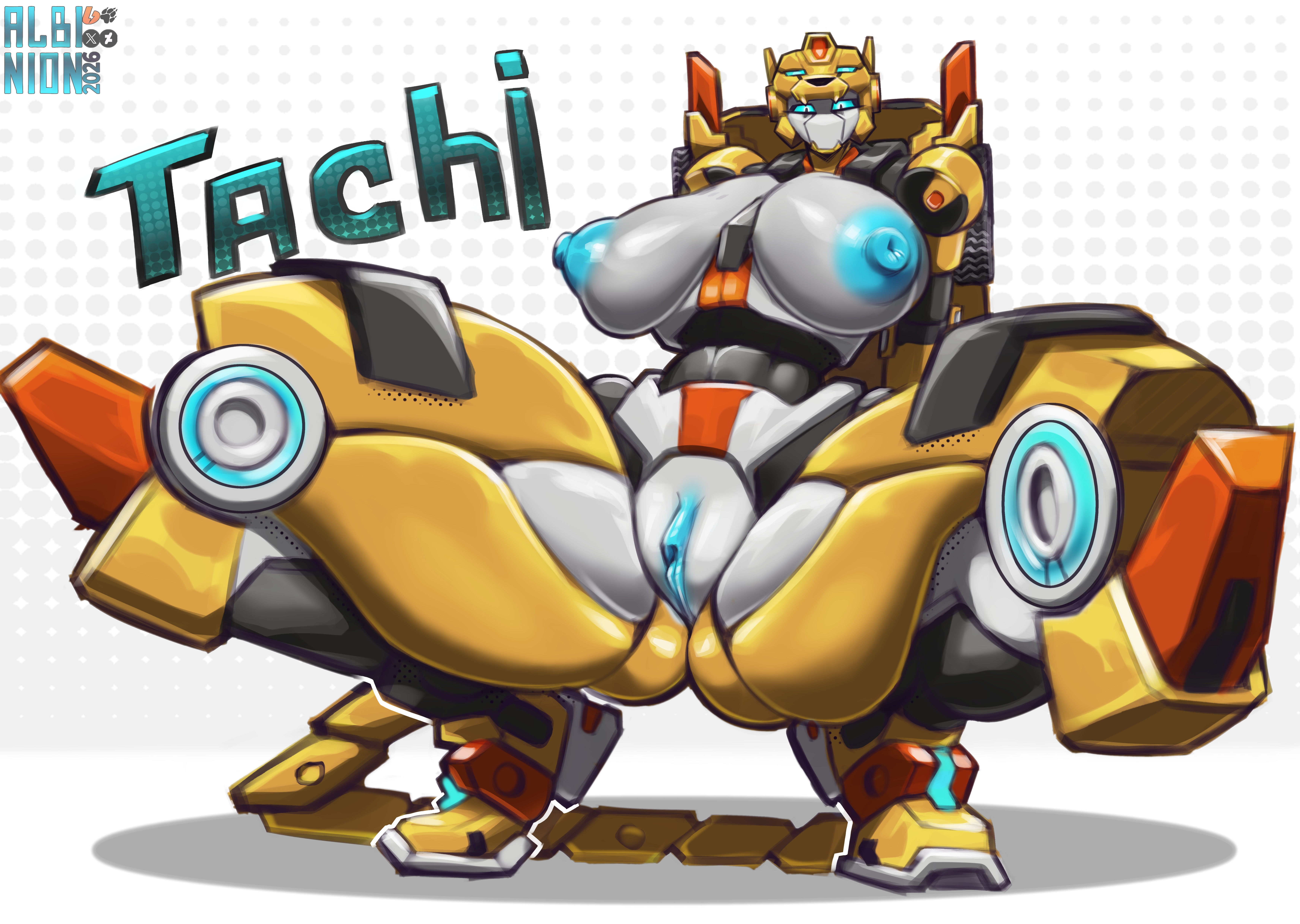 1girls, albinion, alternate version at source, armor, big breasts, big penis, blue eyes, cheetah, explicit, female, first porn of character, huge ass, huge breasts, huge cock, hyper, large balls, line art, looking at viewer, mecha, metal cardbot, metallic body, presenting, robot, robot girl, scetch, solo, spread legs, tachi (metal cardbot), tachy (metal cardbot), thick thighs, wide hips, yellow body