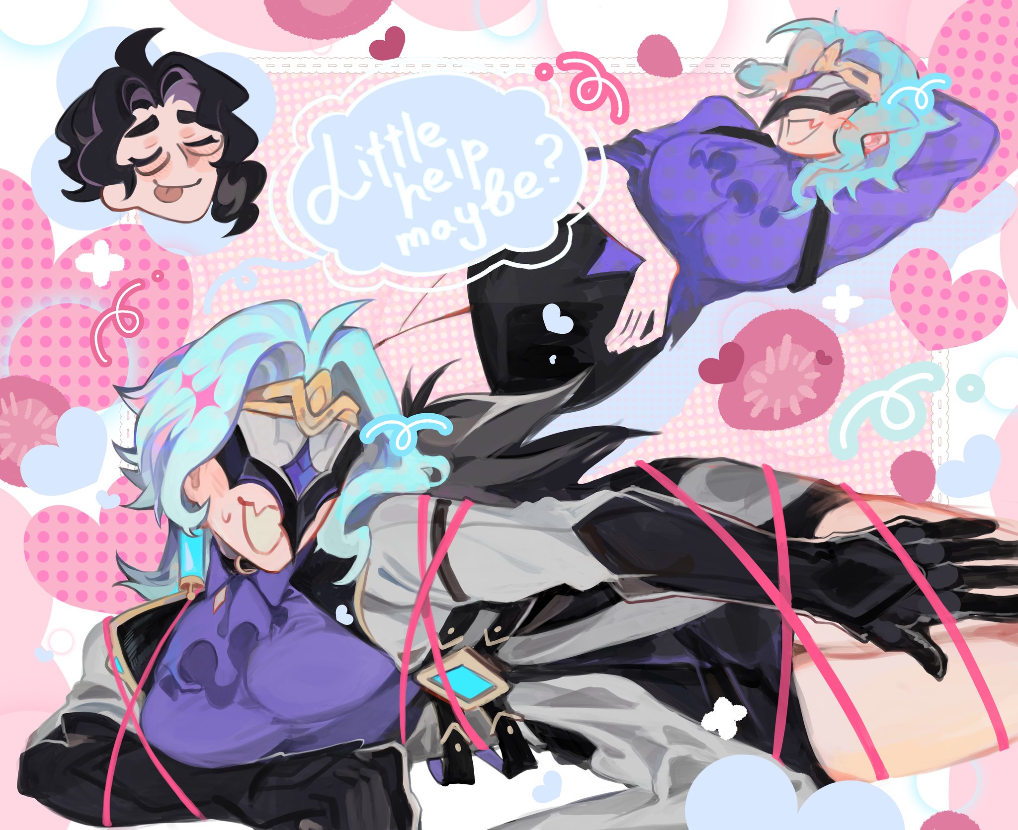 black hair, blue hair, breasts, dottore (genshin impact), fantasizing, genderswap (mtf), genshin impact, glasses, harness, male/female, mask, pantalone (genshin impact), rule 63, skirt, tied up