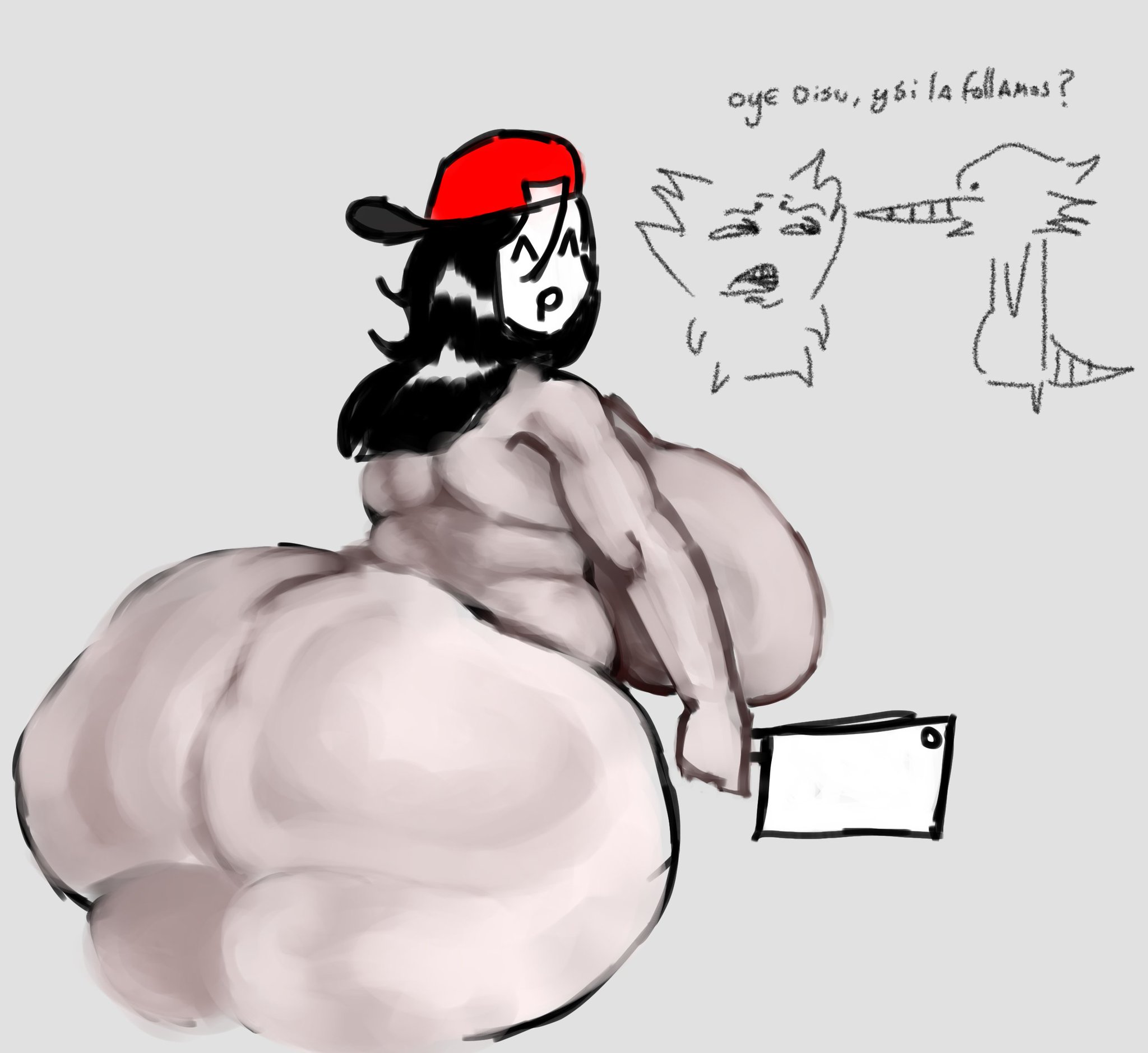 ass, ass bigger than head, ass focus, big ass, big breasts, breasts bigger than head, butcher vanity (synthesizer v), chubby female, completely nude female, looking at viewer, looking back, nude, nude female, uufnjini, vimalion pro, yi xi (synthesizer v)