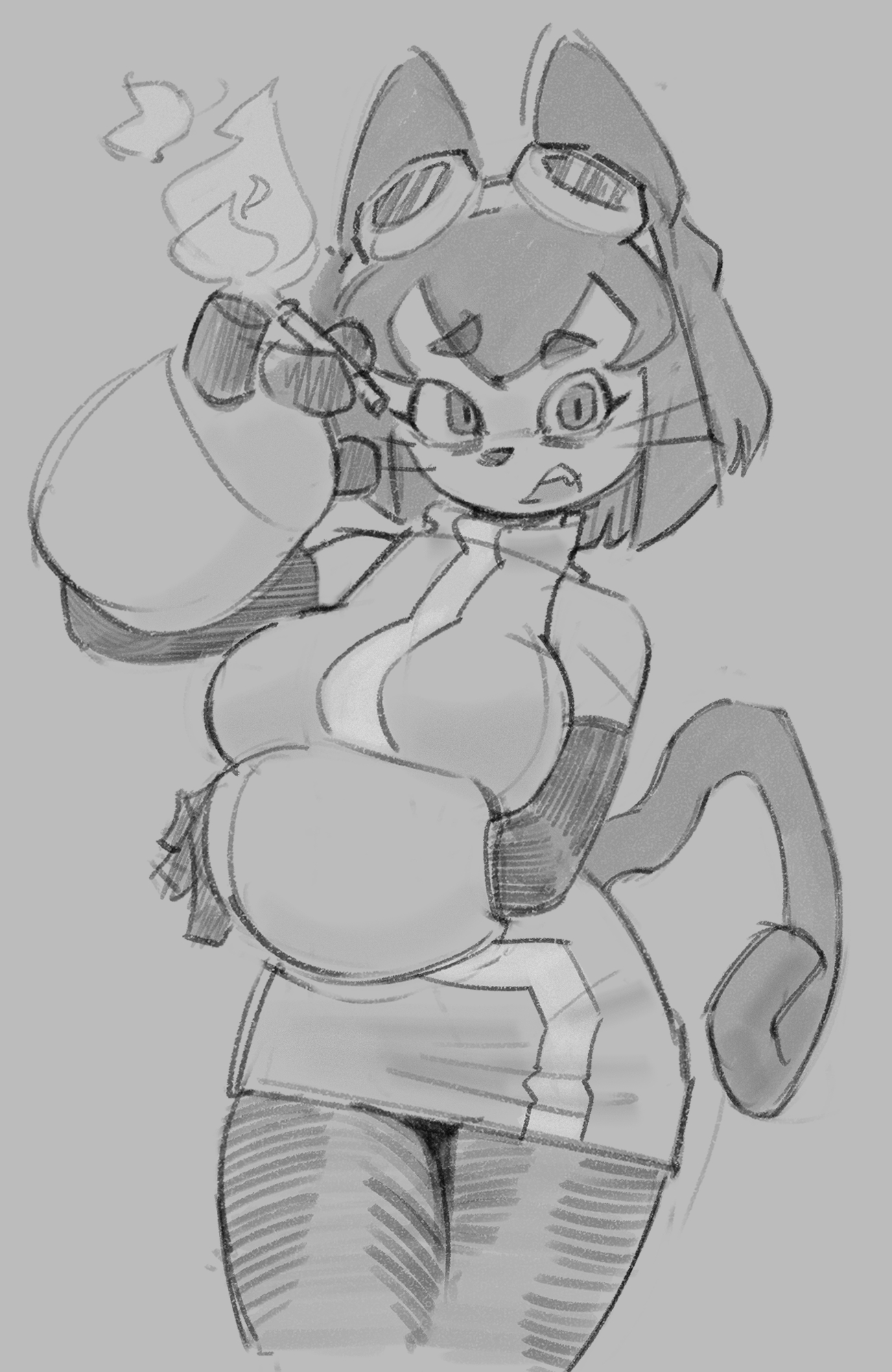 1girls, anthro, anthro only, arm under breasts, big breasts, cadmio, cigarette, female, female focus, female only, furry, furry female, gameoverse, glitch productions, goggles, goggles on head, grey background, kit (gameoverse), kit bodega, looking at viewer, open mouth, short skirt, sketch, skuunk02, smoking, smoking cigarette, solo, tail, thick thighs, twitter link, whiskers, wide hips