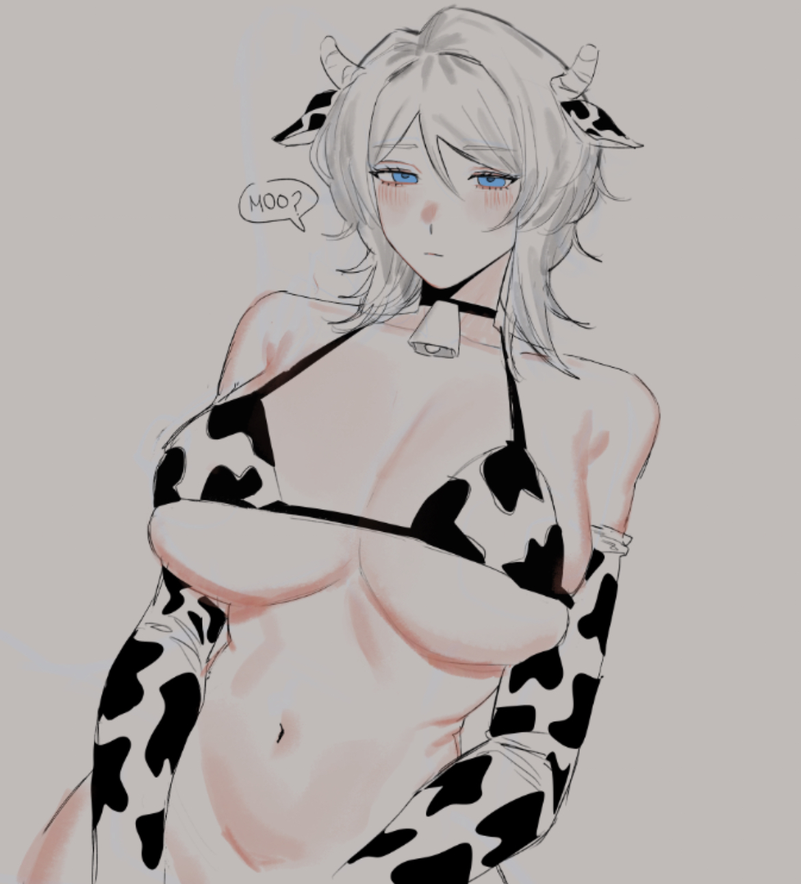 ?, arms by side, artukolatte, belly, big breasts, blue eyes, busty, busty female, cow ears, cow girl, cow horns, cow print, cow print armwear, cow print bikini, cute, cute face, expressionless, faust (limbus company), faust (project moon), female, female focus, female only, hips, limbus company, looking, looking at viewer, massive breasts, moo, oppai, project moon, sexy, sexy female, short hair, slim waist, solo, solo female, solo focus, staring, staring at viewer, tummy, underboob, waist