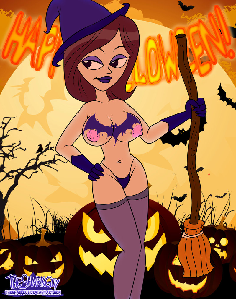 1girls accurate_art_style bat body_paint breasts broom dan_vs. dark_brown_hair elise_pearson feet_out_of_frame full_moon gloves halloween hand_on_hip happy_halloween jack-o'-lantern moon night nipples outdoors pumpkin purple_eyeshadow purple_thighhighs solo standing stockings thesharkguy thighhighs topless witch_hat