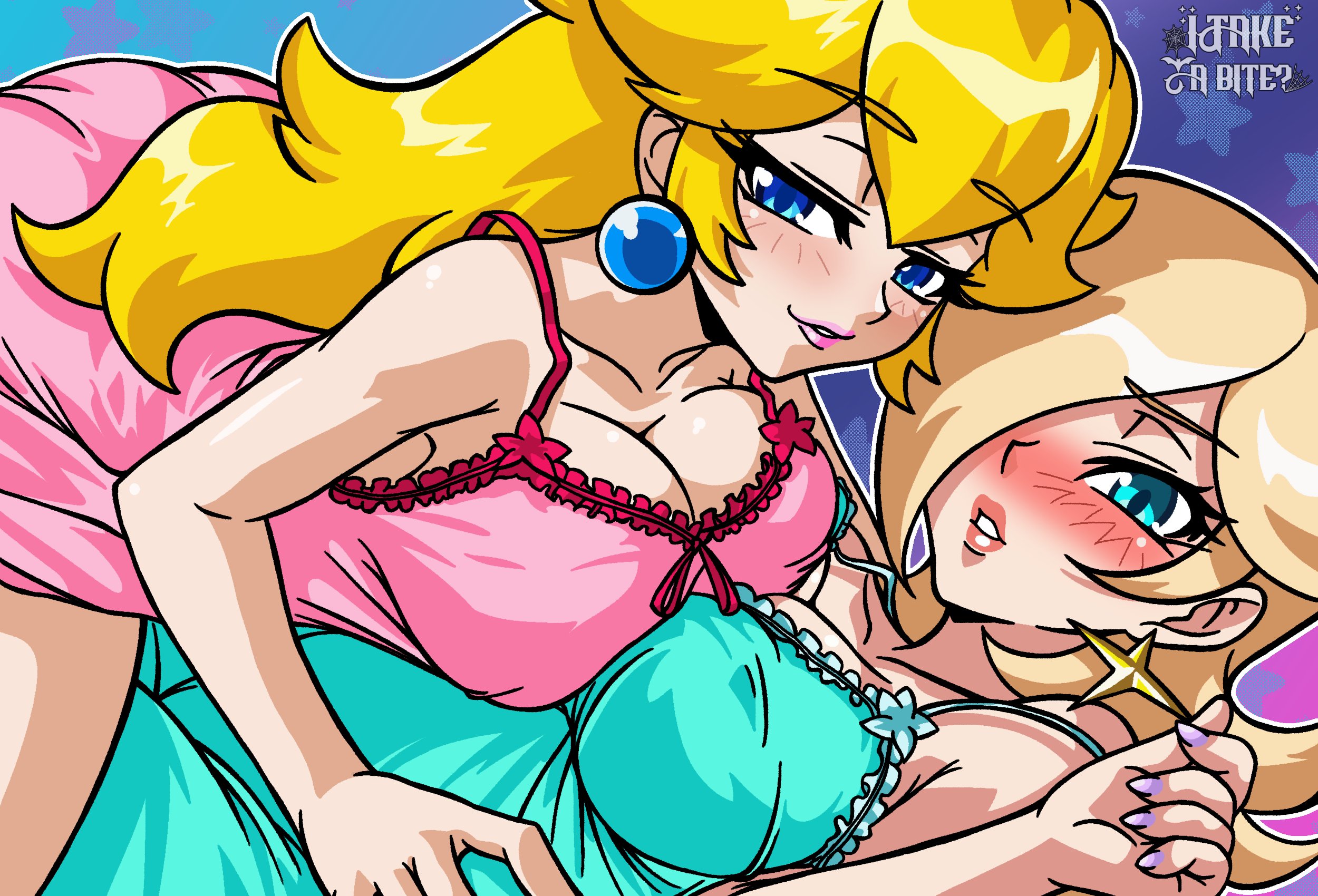 2girls, blonde hair, blue eyes, female, female only, itakeabite, light skin, light-skinned female, mario (series), nintendo, princess peach, princess rosalina, yuri