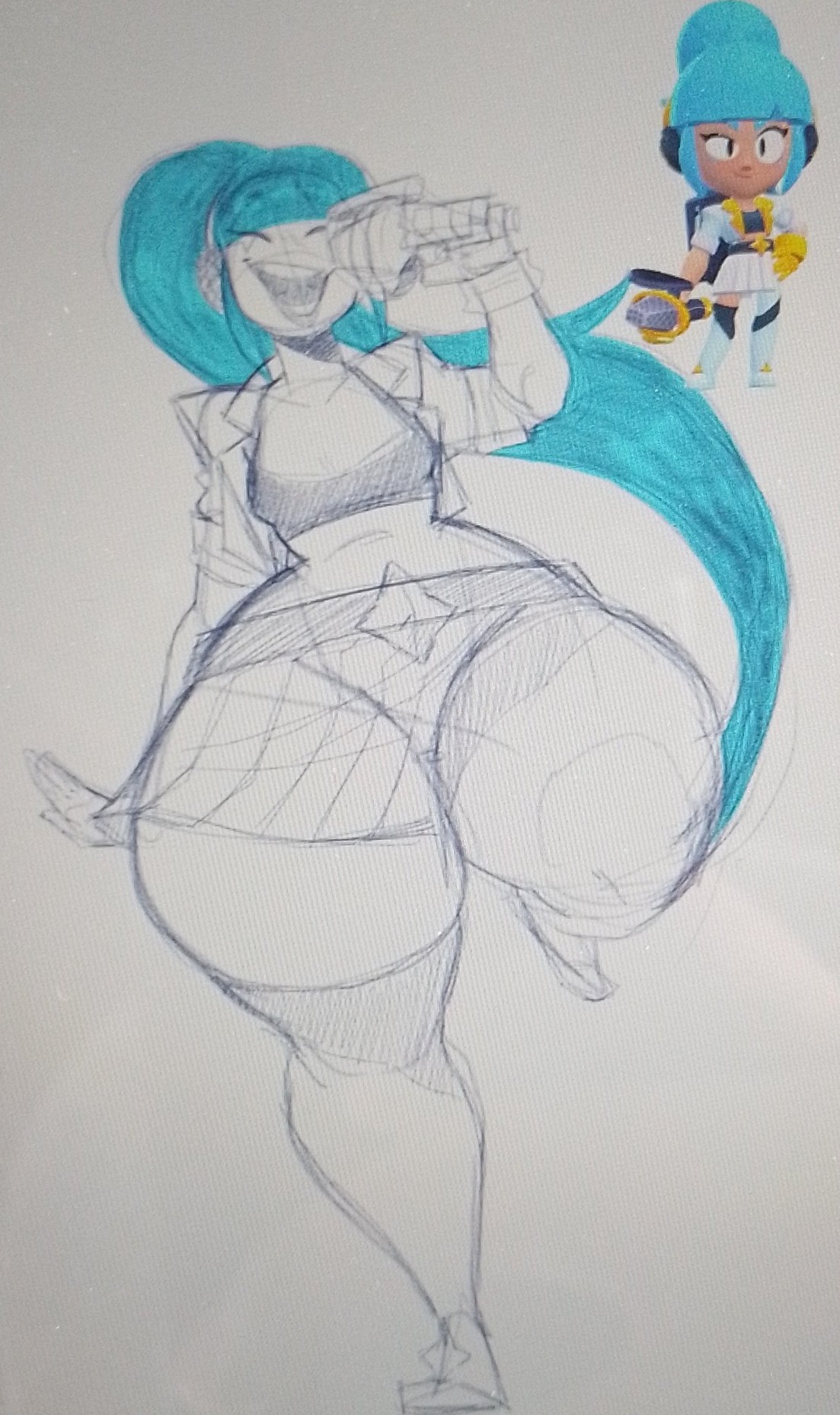 blue hair, brawl stars, butt focus, elpiromanias, fat ass, fat butt, happy, hips, janet (brawl stars), popstar janet, singing, sketch, small breasts, wide hips