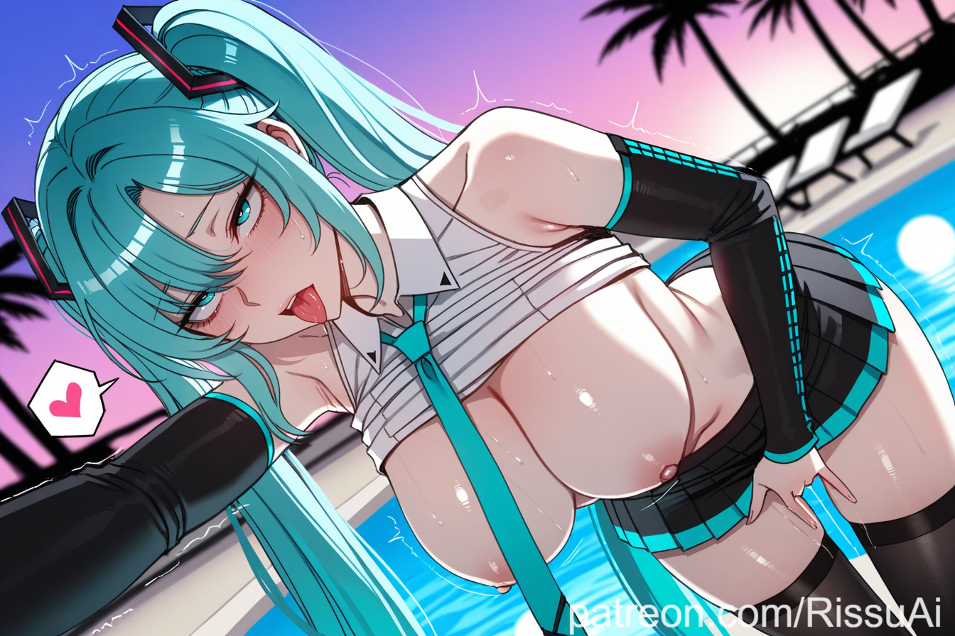 1girl, 1girls, 2026, ahegao, ai generated, aqua eyes, aqua hair, bangs, bare shoulders, bent over, big ass, big breasts, black thighhighs, blush, breasts, clothes lift, detached sleeves, female, female masturbation, female only, fingering, hair between eyes, hatsune miku, heart, large breasts, long hair, looking back, masturbation, navel, necktie, nipples, open mouth, outdoors, palm tree, perfect ass, perfect body, pleated skirt, pool, pussy juice, rissuai, saliva, sexy, sexy body, sexy female, sexy pose, shirt lift, skirt, solo, standing masturbation, sweat, thighhighs, tongue, tongue out, tree, trembling, twintails, very long hair, vocaloid, water, wet pussy