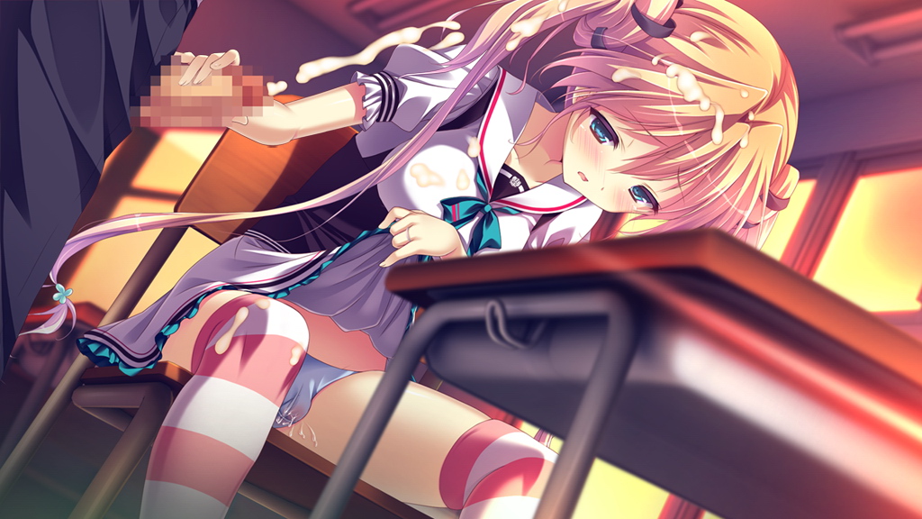 blue_eyes blush brown_hair censored cum female game_cg kanojo_ga_ore_ni_kureta_mono._ore_ga_kanojo_ni_ageru_mono. kojima_alice long_hair onomatope penis shiratama striped striped_legwear thighhighs tied_hair twintails