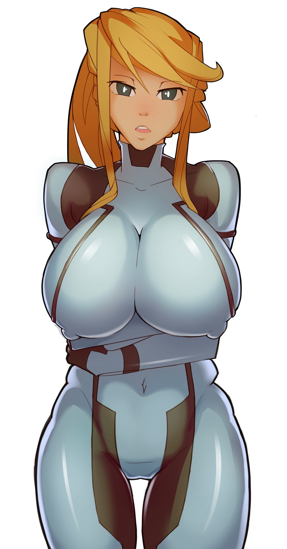 2014, blonde hair, blue eyes, bodysuit, breasts, erect nipples, female, female only, hair, human, large breasts, metroid, nintendo, nipples, open mouth, ponytail, samus aran, solo, splashbrush, standing, thigh gap, tied hair, zero suit, zero suit samus