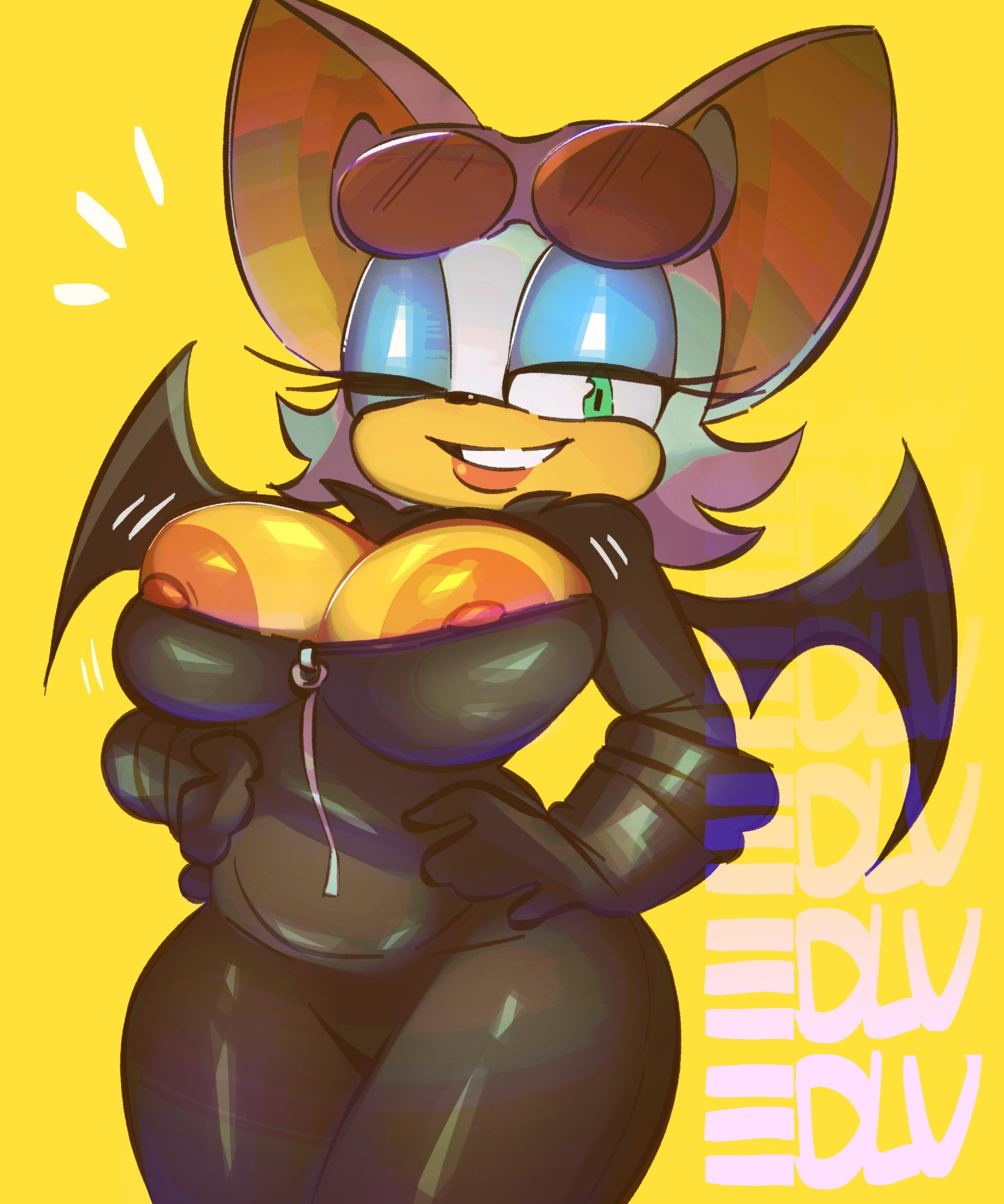 1girls, 2024, about to burst, alluring, anthro, anthro female, areola, areolae, barely contained, barely contained breasts, barely fits, bat wings, batman (series), big areola, big areolae, big breasts, bodysuit, breasts, breasts out, breasts too big, bursting breasts, catwoman (cosplay), color, colored, cosplay, curvaceous, curvaceous body, curvaceous female, curvaceous figure, curvaceous hips, curvy, curvy body, curvy female, curvy figure, curvy hips, dc, dc comics, edalv, edolov, enticing, eyeshadow, female, green eyes, hips, huge breasts, imminent wardrobe malfunction, inconvenient boobs, inconvenient breasts, large breasts, looking at viewer, massive breasts, nipples, pinup, rouge the bat, seducing, seductive, seductive look, shiny, shiny clothes, skin tight, sonic (series), sonic the hedgehog (series), strained zipper, straining clothing, teasing, teasing viewer, temptation, tempting, tempting viewer, thick, thick breasts, thick hips, thick thighs, tight clothes, tight clothing, tight fit, tight fitting clothing, tight suit, tight supersuit, too tight, undersized clothes, undersized clothing, voluptuous, voluptuous female, wardrobe malfunction, wide hips, wings, wink, winking, winking at viewer, yellow background, zipper, zipper malfunction