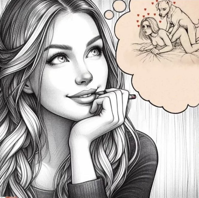 2d, ai assisted, ai generated, all fours, canine, canine on human, clothing, daydream, doggy style, dream, dreaming, eyes rolling back, female, feral, feral on female, feral on human, gripping sheets, heart, human, human female, human on feral, human penetrated, imagining, male, mouth open, pleasure face, sex, smile, smiling, unknown artist, zoophilia