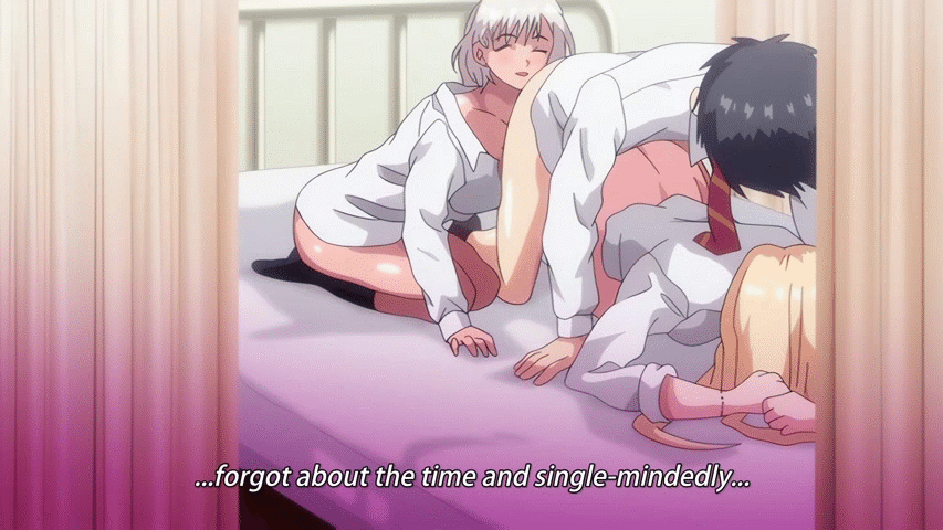1boy, 2d, 2d animation, 2girls, animated, bed, being watched, blonde hair, bottomless, bottomless female, bottomless male, class de otoko wa boku hitori!?, clothed sex, doggy style, english subtitles, english text, ffm threesome, gray hair, grey hair, hentai series, horiuchi mao, human, human female, human male, human only, infirmary, light skin, light-skinned female, light-skinned male, long hair, looping animation, machida (class de otoko wa boku hitori!?), necktie, school uniform, schoolgirl, sex, straight, straight sex, subtitled, taking turns, teenage female, teenage girl, teenage male, teenager, threesome, thrusting, thrusting into pussy, top-down bottom-up, tsundere, vaginal penetration, vaginal sex, waiting for sex, waiting for turn, watching, watching sex, yamakawa rio, young, young female, young male