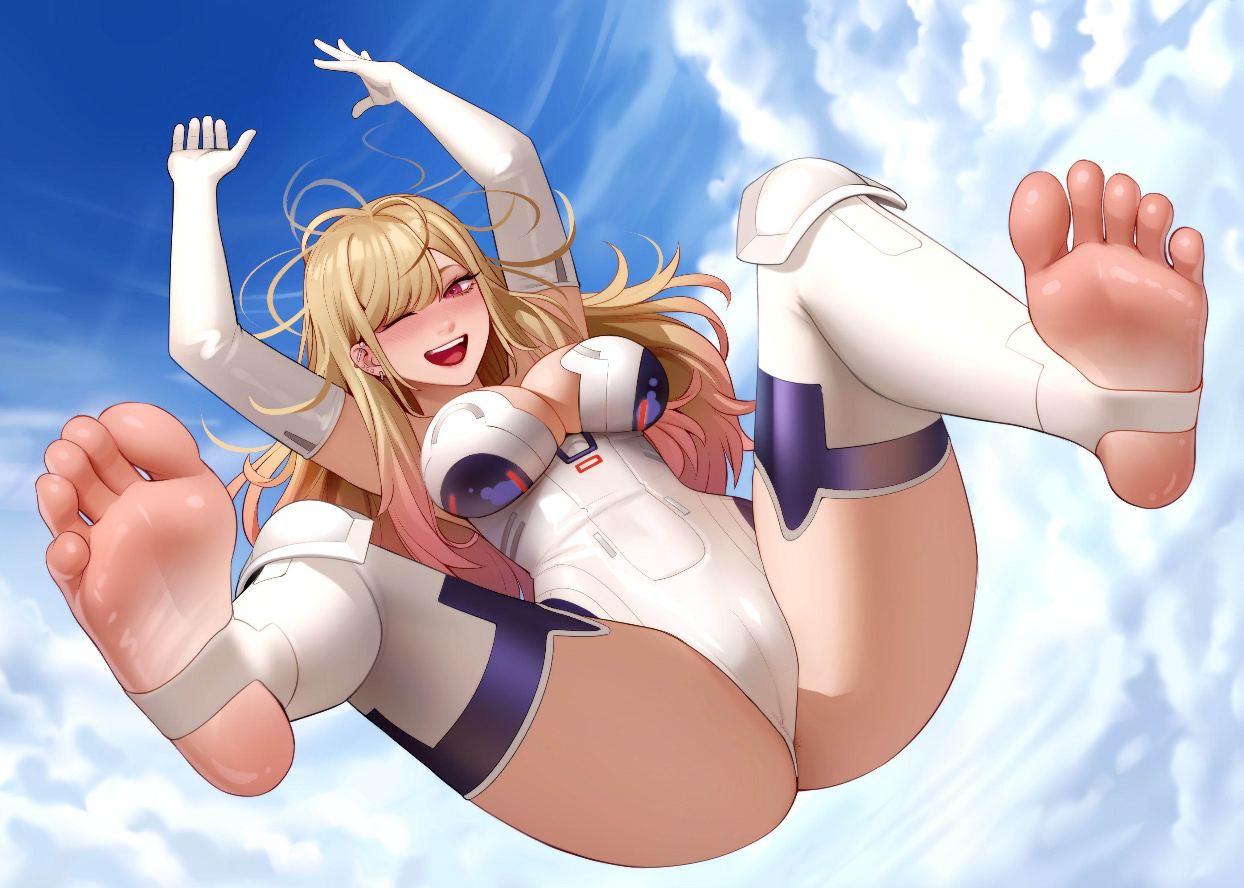 1girls, barefoot, big breasts, blonde hair, breasts, cameltoe, cosplay, crossover, feet, feet focus, female, female only, foot fetish, foot focus, kairuhentai, kairunoburogu, kitagawa marin, light skin, light-skinned female, long hair, neptunia (series), one eye closed, revealing clothes, soles, solo, sono bisque doll wa koi wo suru, stirrup legwear, thighhighs, tight clothing, toes, wink, yellow heart (neptunia) (cosplay)