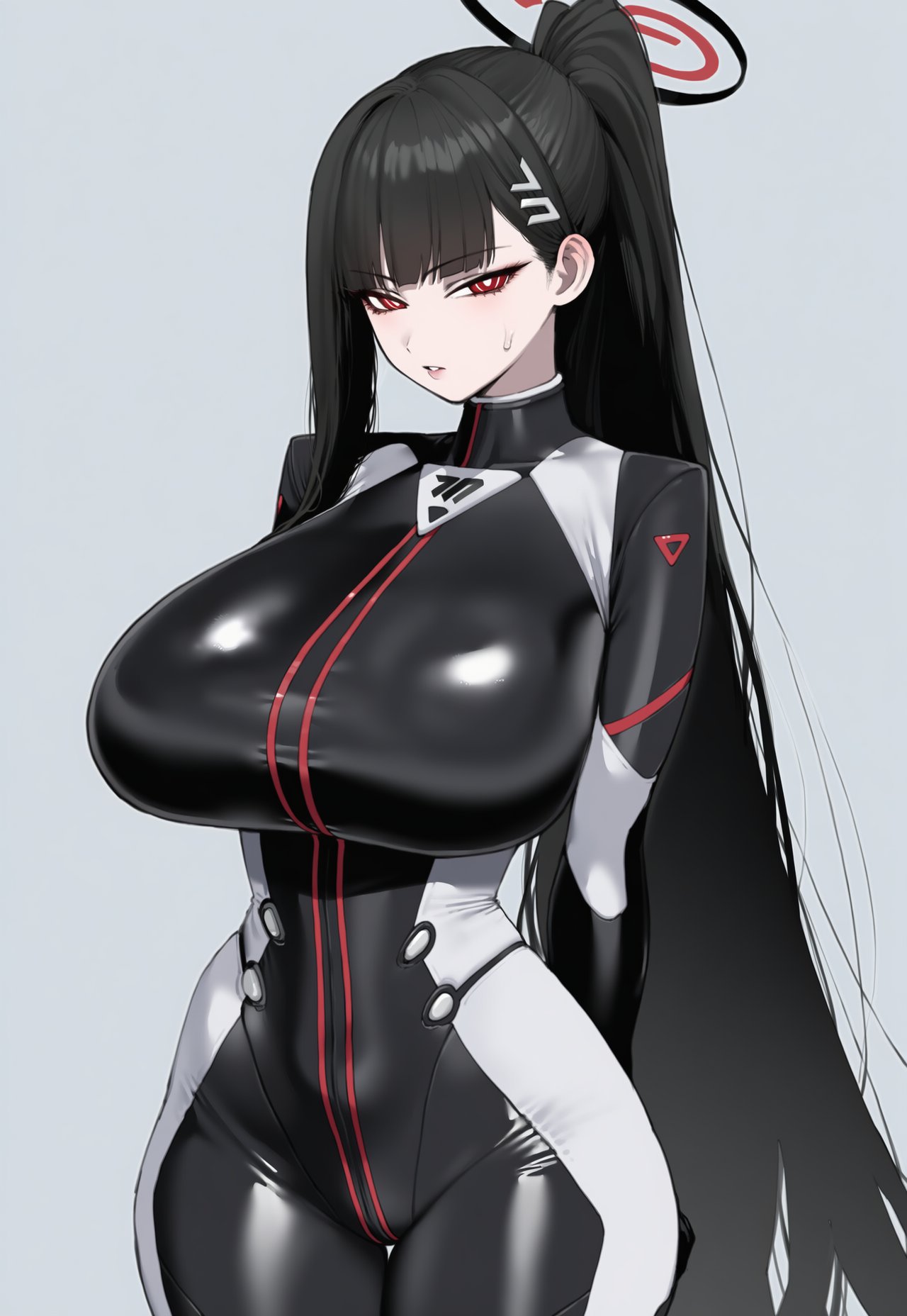 ai generated, black hair, blue archive, bodysuit, huge breasts, looking at viewer, mommy, pale skin, perfect body, red eyes, rio (armed) (blue archive), rio (blue archive), skin tight, tight clothing, truck kun, tsukatsuki rio, wide hips