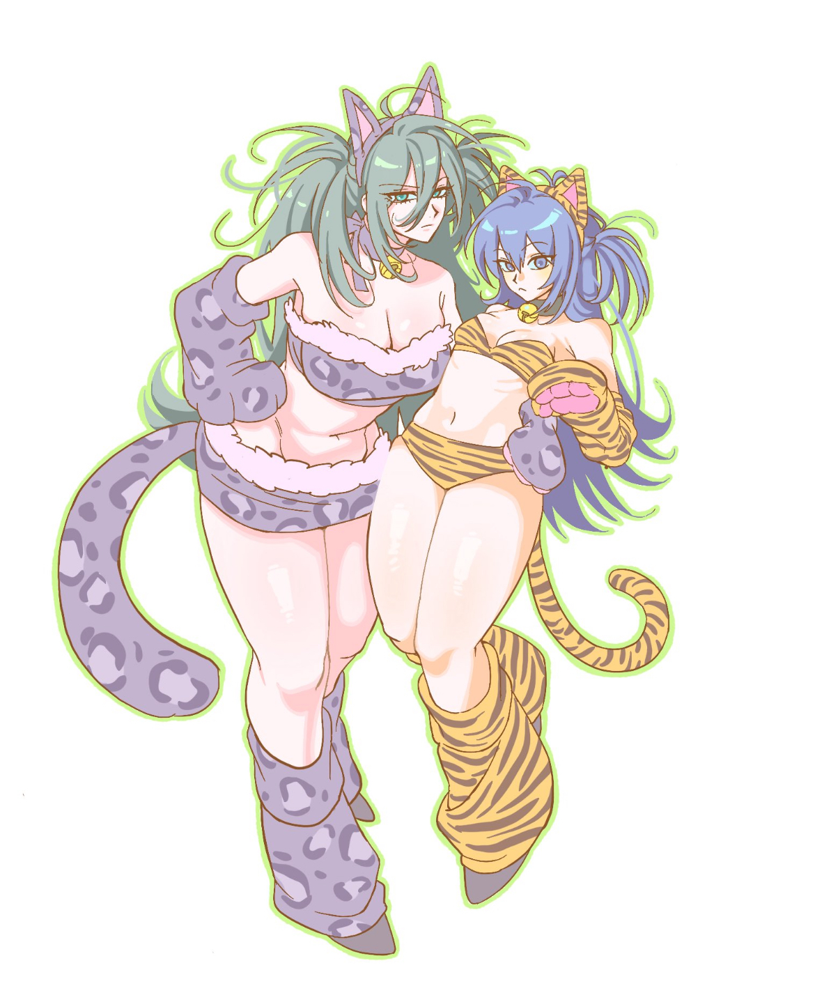 2girls, animal ears, artist request, belly, blue eyes, blue hair, blue lock, breast size difference, cheetah ears, cheetah print, cheetah print armwear, cheetah print legwear, cleavage, cleavage overflow, close together, curves, curvy, curvy female, cute, cute face, female, female only, green eyes, green hair, hand on another's hip, hand on hip, isagi yoichi, itoshi rin, long hair, looking at viewer, medium breasts, panties, petite, petite female, revealing, revealing breasts, rule 63, sexy, sexy body, sexy clothing, size difference, skimpy, skimpy clothes, skirt, small breasts, smaller female, tails, taller female, tiger ears, tiger print, tiger print legwear, tummy