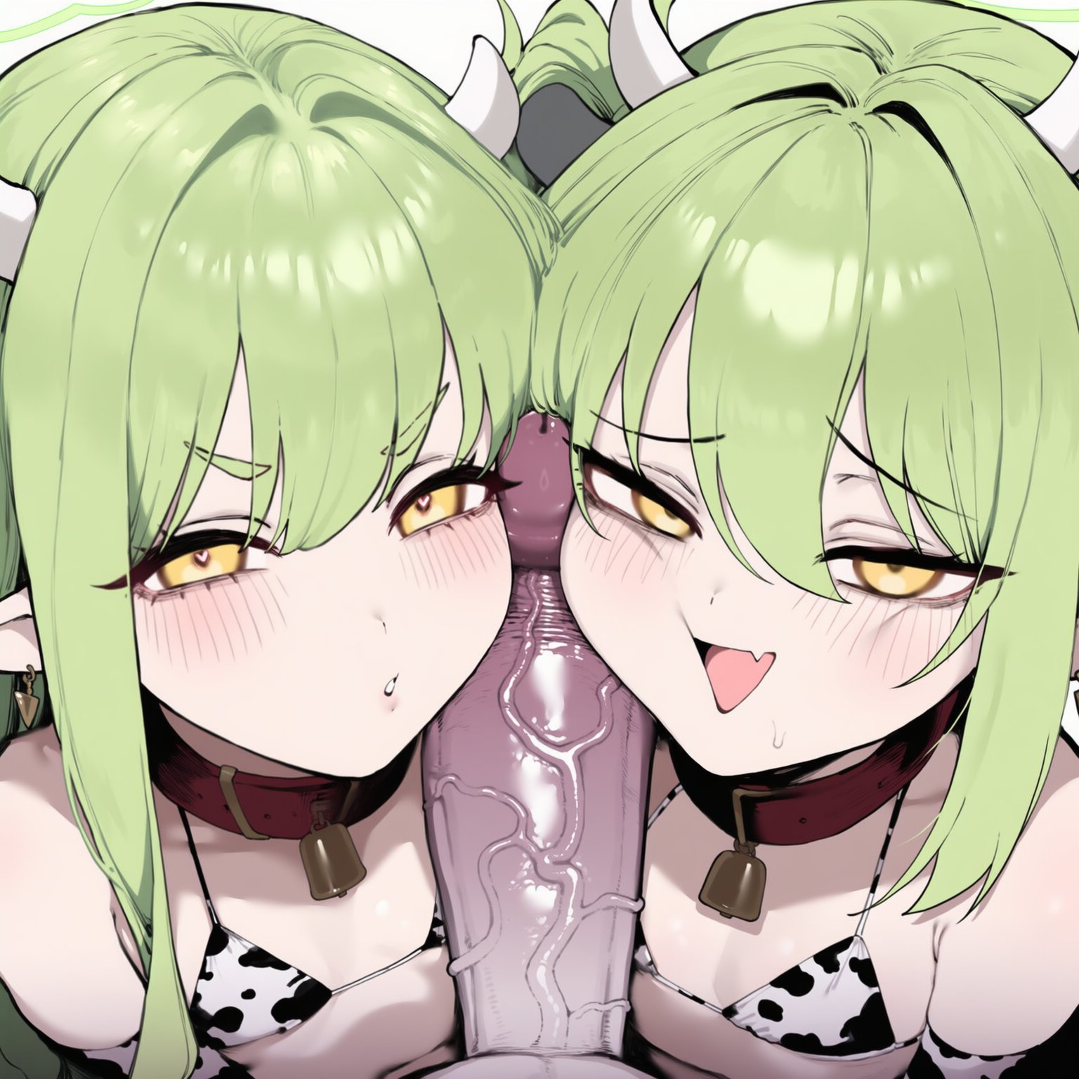 ai generated, blue archive, blush, cow print, flat chest, green hair, hikari (blue archive), huge cock, imminent fellatio, nozomi (blue archive), pale skin, penis on face, pov, smug, threesome, truck kun, truck-kun art, veiny penis