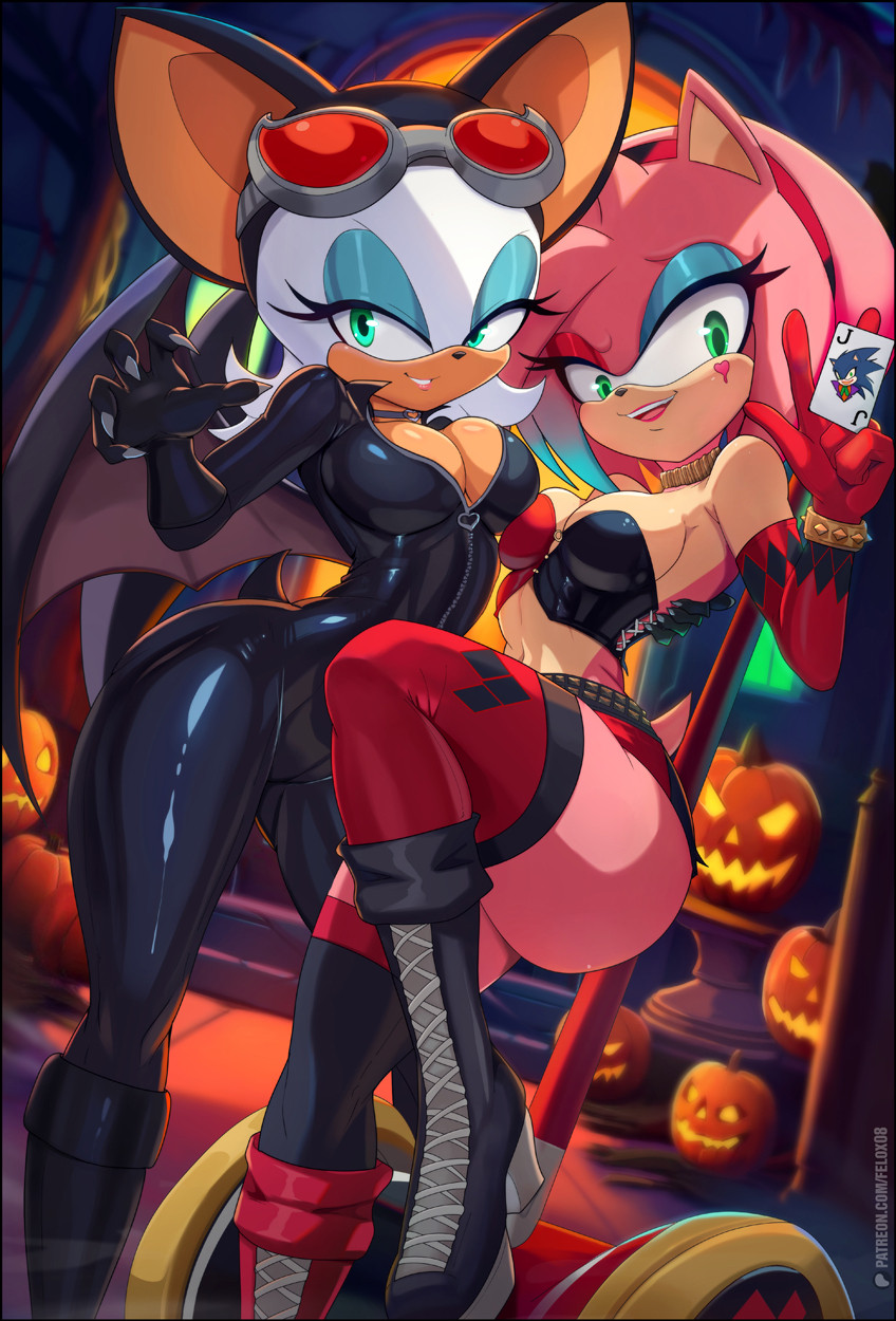 2025, 2girls, alluring, amy rose, anthro, anthro female, bat wings, batman (series), big breasts, bodysuit, breasts, bursting breasts, catwoman (cosplay), choker, claws, cleavage, collar, cosplay, curvaceous, curvaceous body, curvaceous female, curvaceous figure, curvaceous hips, curvy, curvy body, curvy female, curvy figure, curvy hips, dc, dc comics, enticing, eyeshadow, felox08, female, green eyes, halloween, harley quinn (cosplay), hips, huge breasts, large breasts, latex, massive breasts, rouge the bat, seducing, seductive, seductive look, shiny, shiny breasts, shiny clothes, shiny skin, skin tight, sonic (series), sonic the hedgehog (series), teasing, temptation, tempting, thick, thick breasts, thick hips, thick thighs, tight clothes, tight clothing, voluptuous, voluptuous female, wide hips, wings