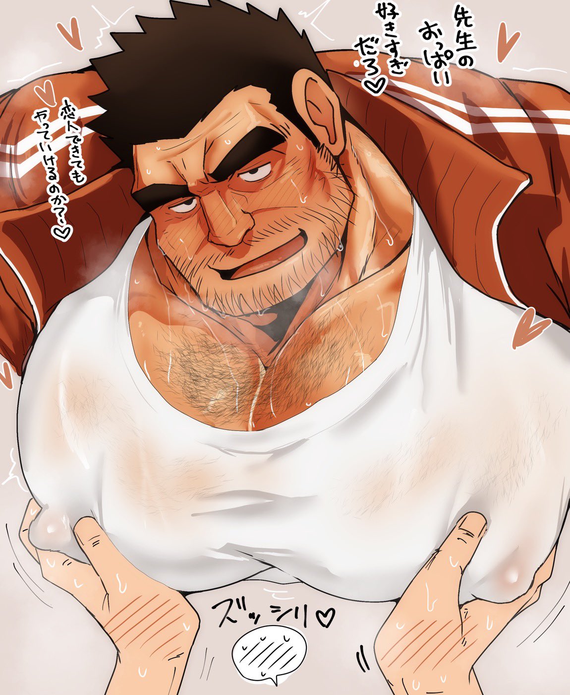 bara, bara tiddies, big chest, busty, gay, kaeru333938123, male, male only, musk, red (kaeru333938123), sweat, sweating