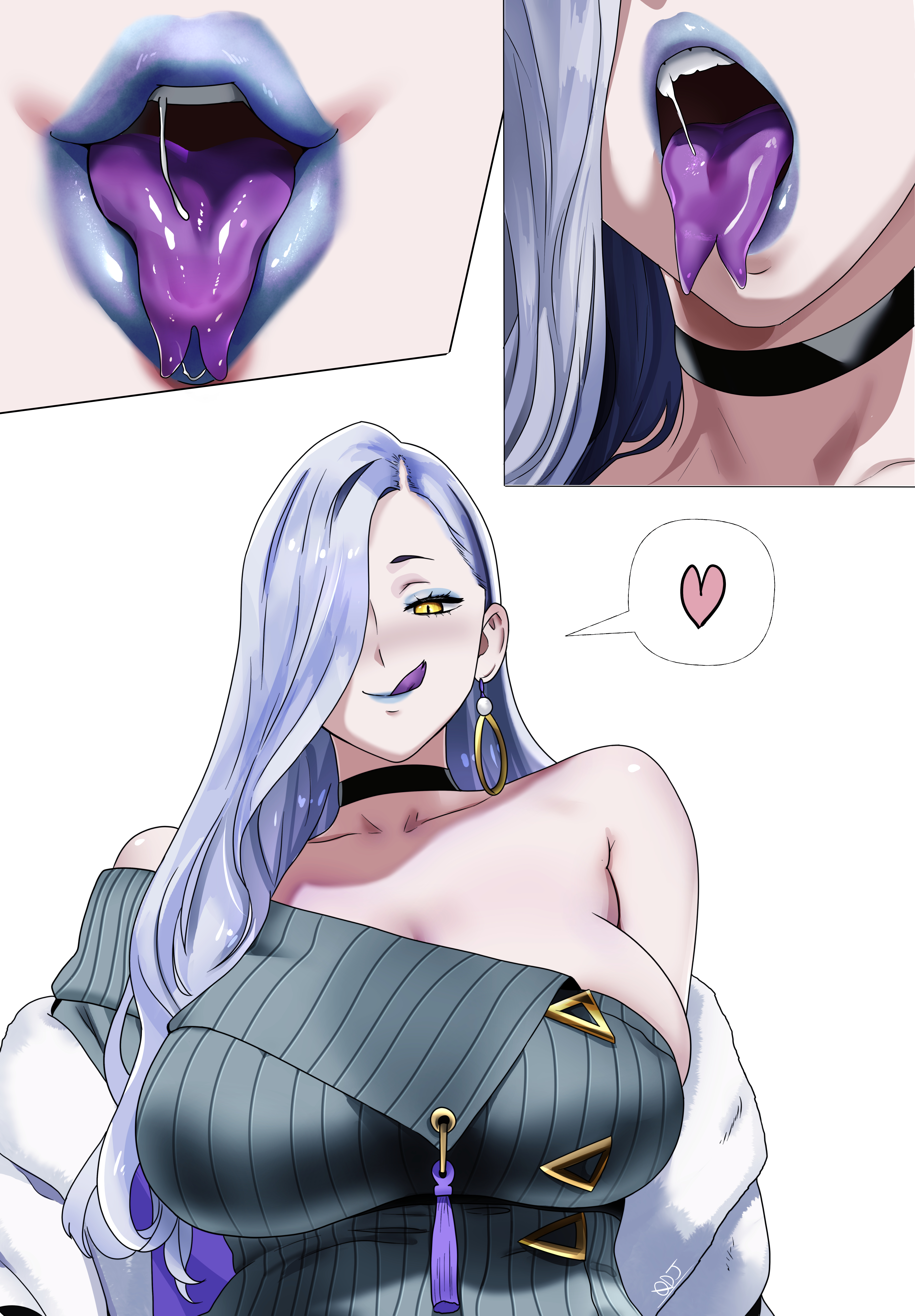 1girls, big breasts, blue eyeshadow, blue lips, blue lipstick, breasts, choker, clothing, ear piercing, earrings, eyeshadow, fate (series), female, female only, forked tongue, grey sweater, hair, hair over one eye, heart, hebinyobo (fate grand order), hebinyobo (second ascension), hoop earrings, huge breasts, light blue hair, lips, lipstick, long hair, mature, mature female, mature woman, neckwear, oldmanjenkins84, omi-san (fate), open mouth, parted lips, purple tongue, saliva, saliva trail, sexually suggestive, smile, solo, solo female, speech bubble, split tongue, spoken heart, sweater, teeth, teeth showing, thick lips, tongue, tongue focus, tongue out, topwear, upper body, upper body only, yellow eyes