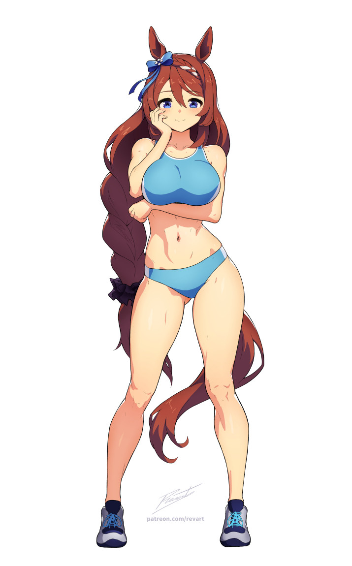 1girls, big breasts, breasts, brown hair, female, horse ears, horse girl, horse tail, large breasts, long hair, looking at viewer, revenantart, solo, sports bra, super creek (umamusume), toned, track uniform, umamusume, umamusume pretty derby, white background