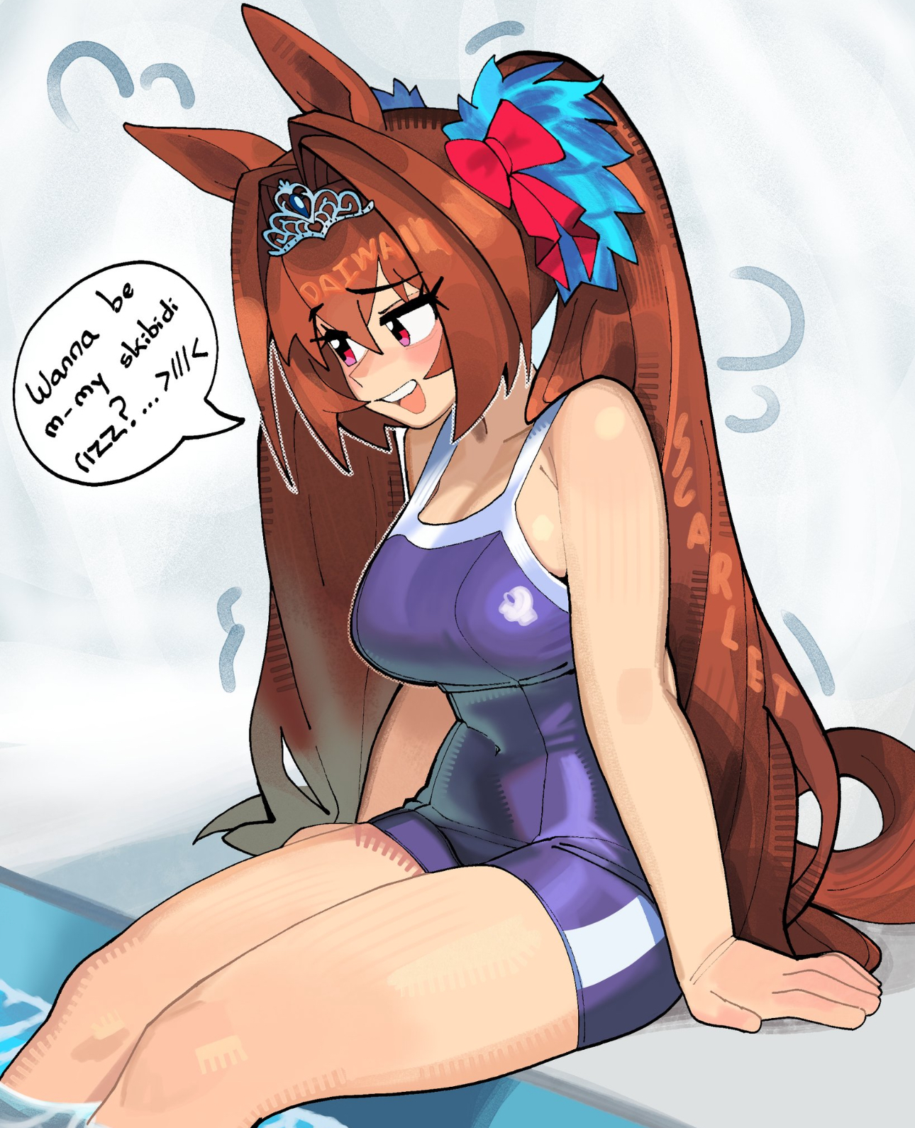 big breasts, blush, cute, daiwa scarlet (umamusume), linness waos, looking away, one-piece swimsuit, pool, swimsuit, umamusume, umamusume pretty derby