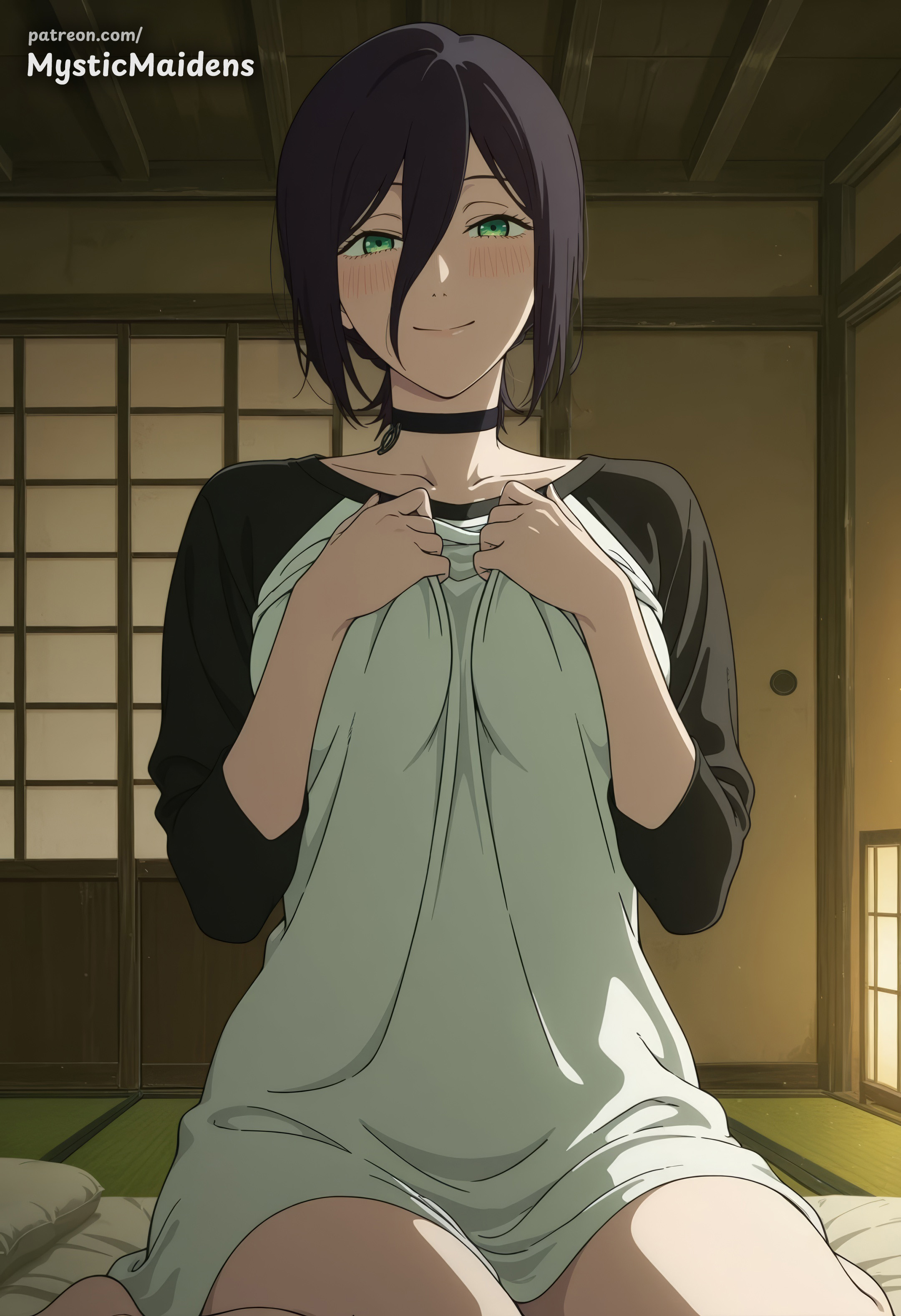 ai generated, anime, anime style, artist name, barefoot, black choker, black hair, black shirt, blanket, blush, breasts, chainsaw man, choker, closed mouth, collarbone, female, futon, green eyes, hair between eyes, hair bun, hands on own chest, hentai, hi res, indoors, long sleeves, looking at viewer, mystic maidens, patreon, patreon username, raglan sleeves, reze (chainsaw man), shirt, short hair, sitting, sliding doors, smile, solo, tatami, wariza, web address