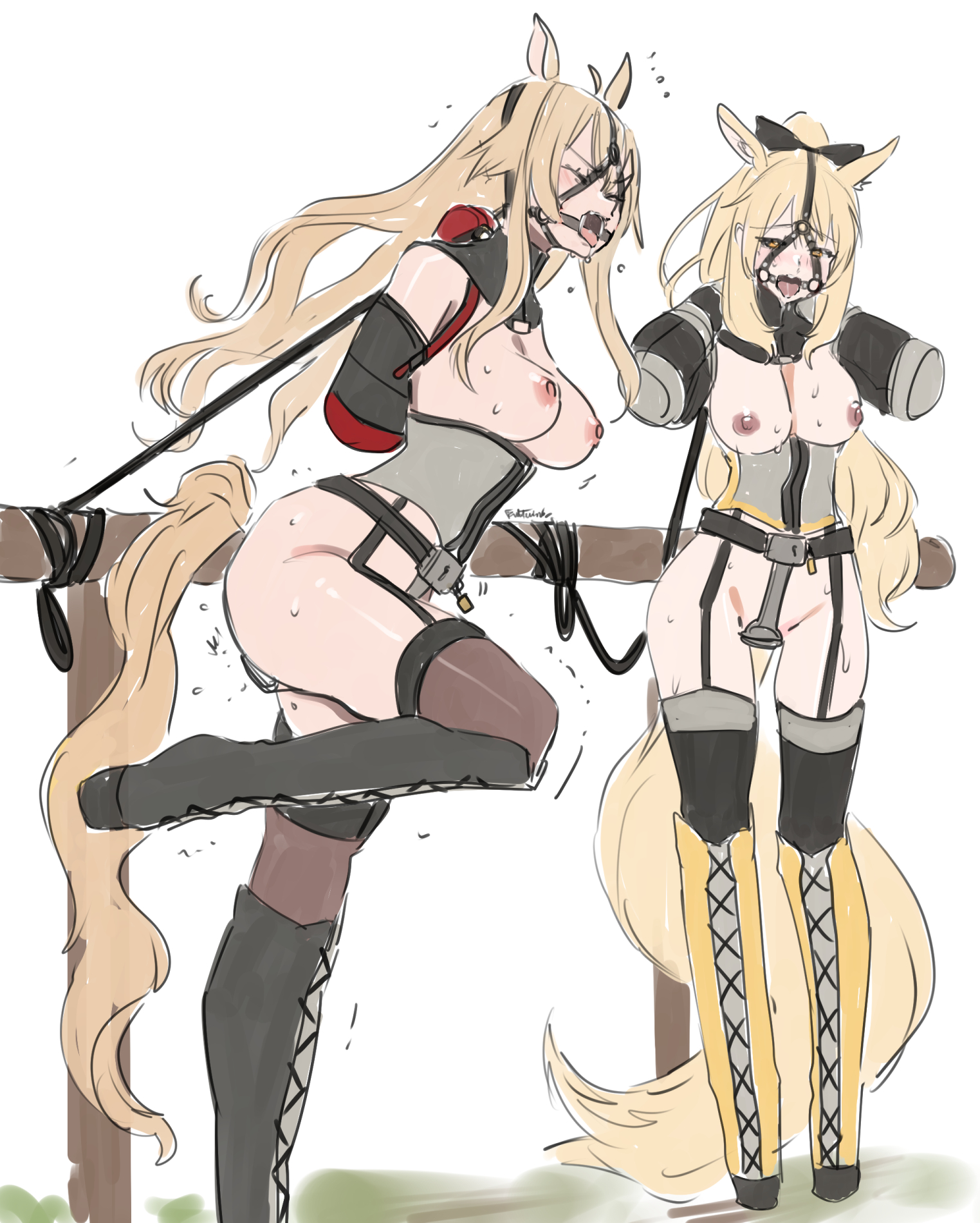 2girls, animal ears, arknights, ballet boots, ballet heels, blemishine (arknights), blonde hair, bondage, bondage outfit, bound, bound hands, bound wrists, breasts, breasts out, bridle, chastity, chastity belt, chastity device, collar, corset, drool, drooling, eudetenis, female, female chastity, female only, femsub, gag, gagged, harness gag, heel-less heels, high heels, hoof boots, leash, long hair, medium breasts, nearl (arknights), open mouth, open mouth gag, pony, pony girl, ponygirl, ponyplay, reverse prayer, reverse prayer armbinder, ring gag, sweat, tagme, tail, thighhighs, very high heels, white background