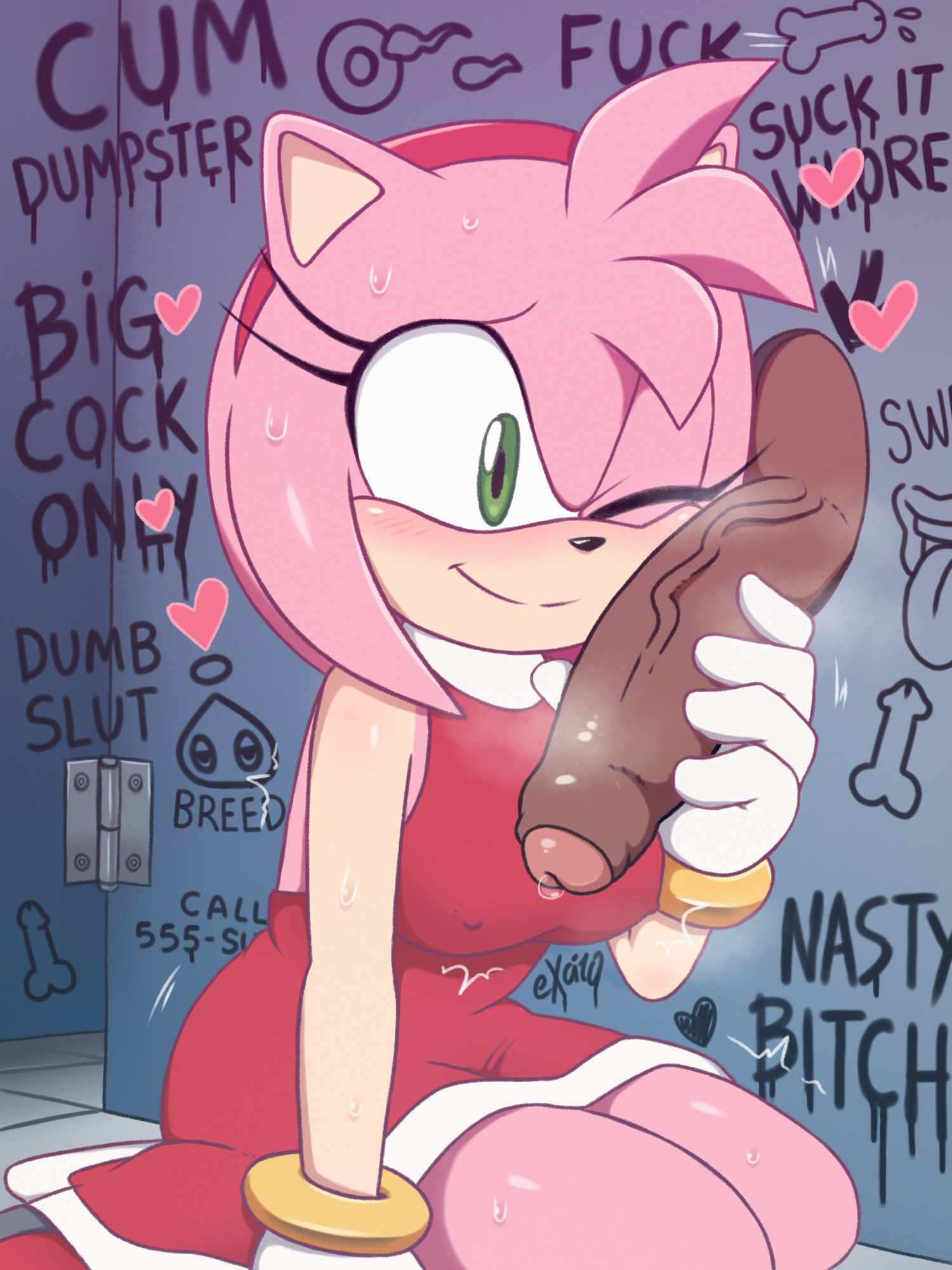 1boy, 1girls, amy rose, blush, breasts, dark-skinned male, dress, excito, filter, furry, glory hole, gloves, handjob, headband, hearts, hedgehog, human on anthro, human on furry, interracial, interspecies, large penis, medium breasts, nipples, nipples visible through clothing, on knees, one eye closed, partial male, pink fur, precum, sega, smile, sonic (series), sonic the hedgehog (series)