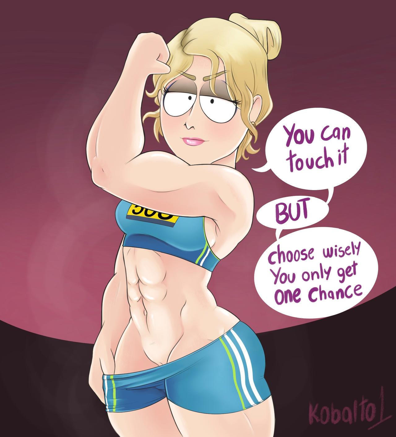 1female, 1girl, 1girls, 2026, 2d, 2d (artwork), 2d artwork, abs, blonde female, blonde hair, blonde hair female, blonde-haired female, bra, buff, comedy central, deviantart link, female, female focus, female only, female solo, flexing, flexing arms, flexing muscles, girl, kobalto1, lipstick, looking at viewer, midriff, muscles, muscular, muscular female, pussy, pussy peek, shaved pussy, shorts, shorts pull, showing pussy, south park, strong, strong female, strong woman, strong woman (south park), tagme, talking to viewer, text, text bubble, vagina, watermark, woman