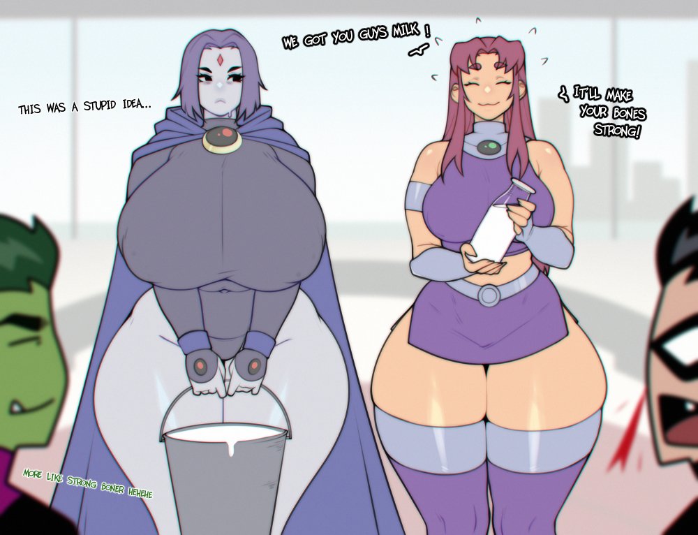 2boys, 2d, 2d (artwork), 2d artwork, 2girls, alternate ass size, alternate body type, alternate breast size, beast boy, big ass, big breasts, big butt, big hips, big thighs, breasts bigger than head, curvaceous, curvaceous body, curvaceous female, curvaceous figure, curves, curvy, curvy body, curvy female, curvy figure, curvy hips, cute, dc, dc comics, english text, fat ass, fat butt, foxicube, hi res, high resolution, highres, huge ass, huge breasts, huge butt, huge hips, huge thighs, hyper, hyper breasts, inminent sex, light skin, light-skinned female, massive breasts, massive thighs, medium breasts, milf, milf body, milk, milk bottle, milk bucket, raven (dc), robin (dc), sexy, sexy body, smug, starfire, tagme, teen titans, text, thick, thick ass, thick butt, thick legs, thick thighs, thigh highs, thighhighs, thighs, voluptuous, voluptuous body, voluptuous female, white skin