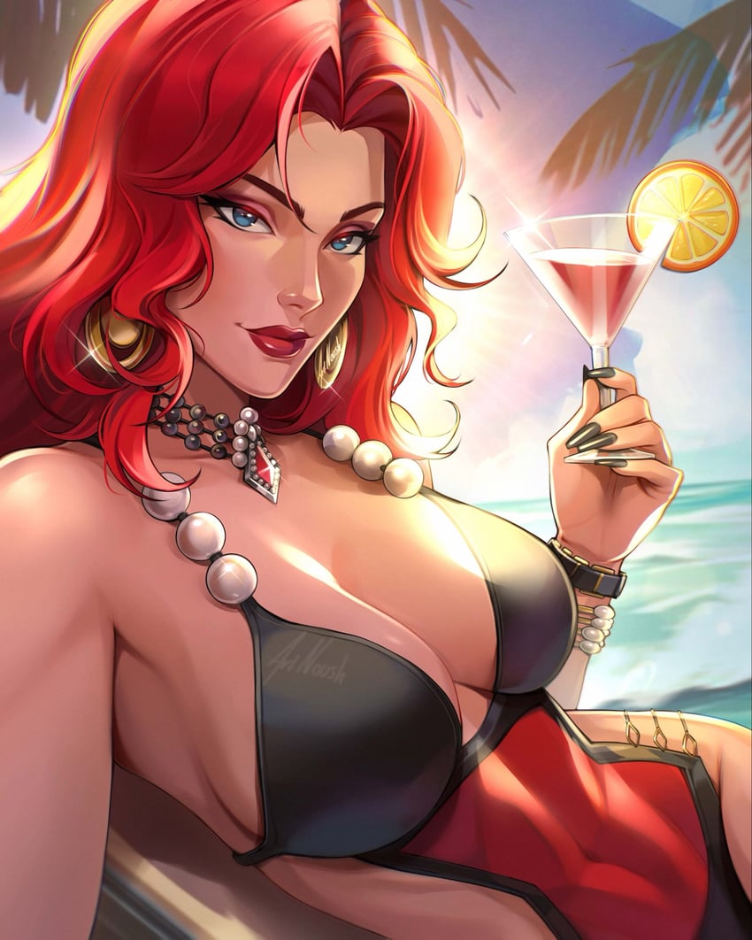 1girls, 2d, artnoush, avengers, backlighting, beach, big breasts, black nails, black swimsuit, black widow (aquatic assassin), black widow (marvel rivals), black widow (marvel), blue eyes, bracelet, breasts, cleavage, close-up, clothed, cocktail, cocktail glass, covered navel, cup, curtained hair, curvaceous female, curvaceous figure, curvy, curvy body, curvy female, curvy figure, curvy hips, drinking glass, earrings, eyelashes, eyeshadow, fingernails, gem, hand up, hips, holding, jewelry, large breasts, light skin, light-skinned female, lipstick, long fingernails, long hair, makeup, marvel, marvel comics, marvel rivals, mature female, natasha romanoff, necklace, ocean, official alternate costume, one-piece swimsuit, outdoors, palm tree, pearl, reclining, red eyeshadow, red hair, red lips, red lipstick, revealing clothes, revealing swimsuit, solo, swimsuit, tree, upper body, wavy hair, wide hips