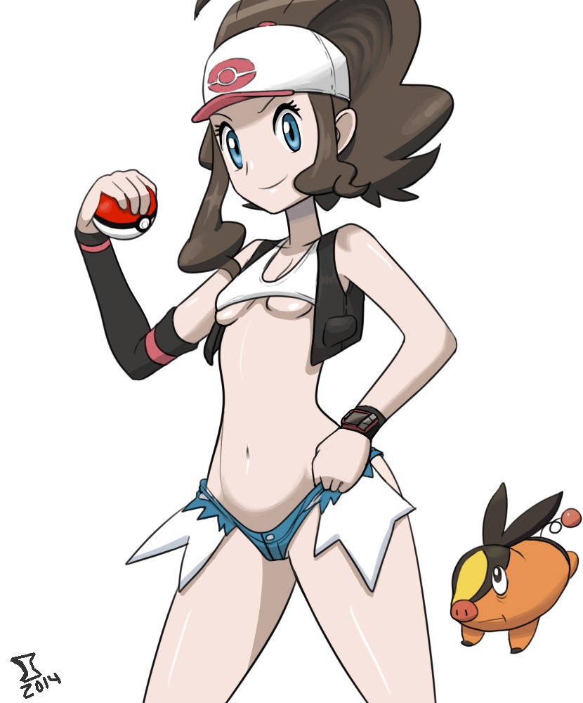 baseball cap, big hair, breasts, clothes, female, grey impact, hat, hilda (pokemon), hips, hotpants, human, micro shorts, pokemon, pokemon bw, short shorts, shorts, small breasts, tepig, underboob