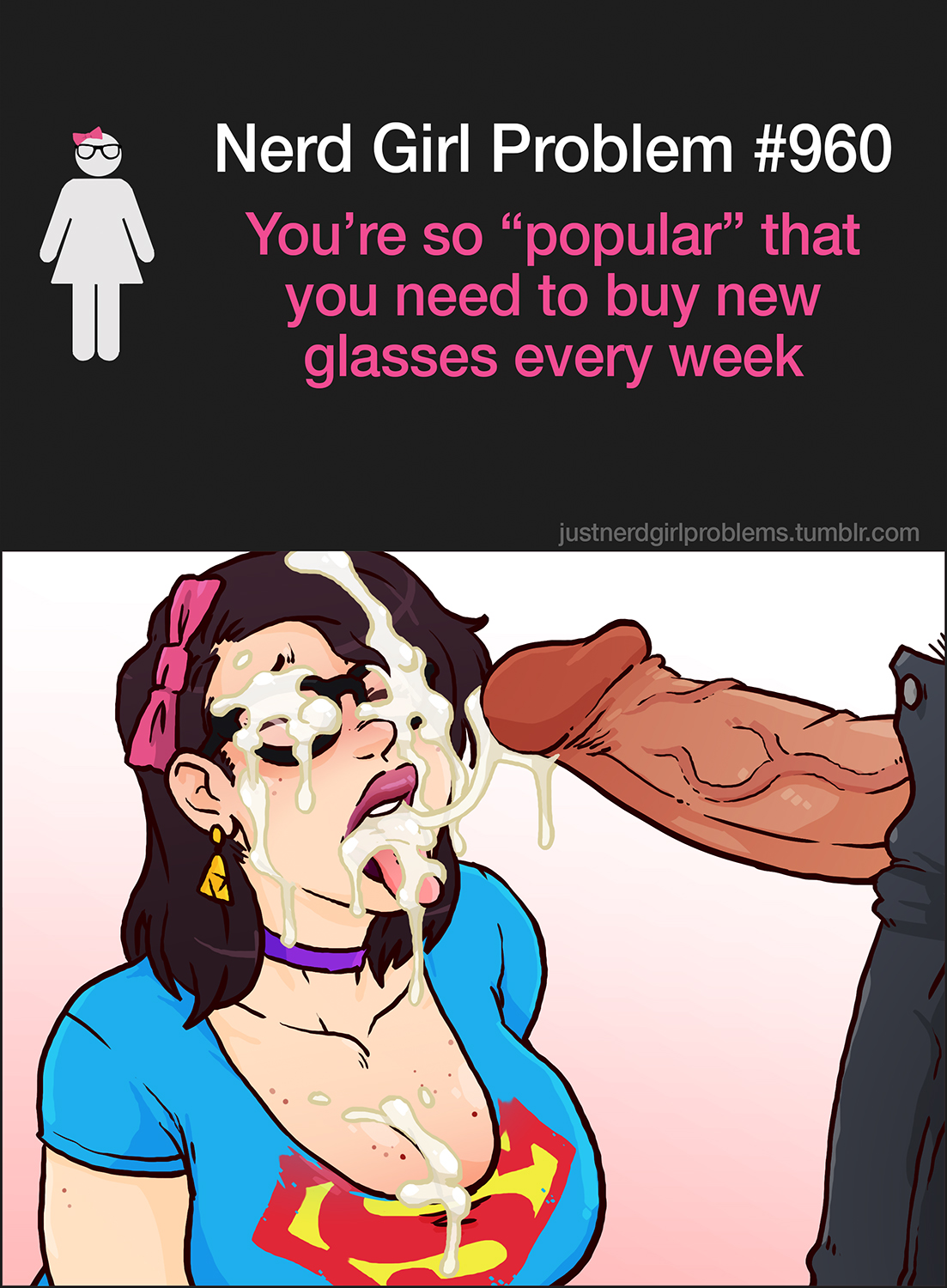 1boy, 1girls, black hair, bow, breasts, choker, cleavage, closed eyes, clothed, cum, cum drip, cum in cleavage, cum in mouth, cum on breasts, cum on face, cum on tongue, cum string, earring, fellatio, female, freckles, glasses, large breasts, male, male focus, nerd, nipples, open mouth, oral, penis, penis out, sitting, sparrow (artist), text, thick lips, tongue, tongue out, tumblr, veiny penis