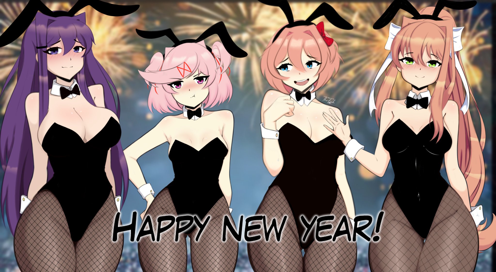 4girls, bunny ears, bunny girl, bunnysuit, doki doki literature club, fishnet pantyhose, fishnets, monika (doki doki literature club), natsuki (doki doki literature club), new year, pantyhose, sayori (doki doki literature club), thefishart, yuri (doki doki literature club)