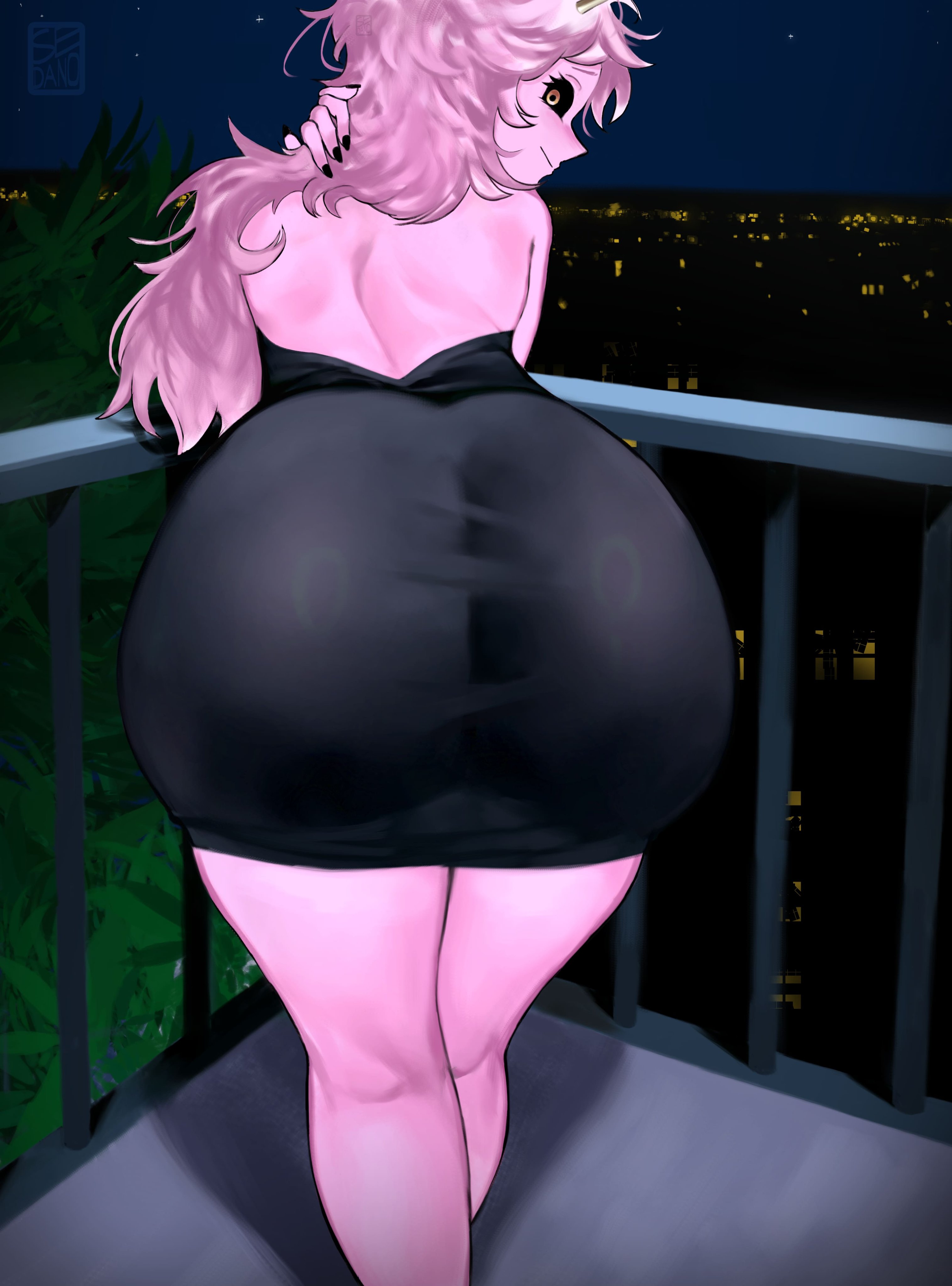 1girls, ass, ass focus, back, back view, bent over, big ass, black dress, black nail polish, black nails, black sclera, clothing, dress, female, female only, hair, huge ass, long hair, looking back, mina ashido, mina ashido time-skip, my hero academia, my hero academia (finale), nail polish, nails, night, pink body, pink hair, pink skin, post-timeskip, sedanoxe, smile, solo, solo female, thighs, yellow eyes