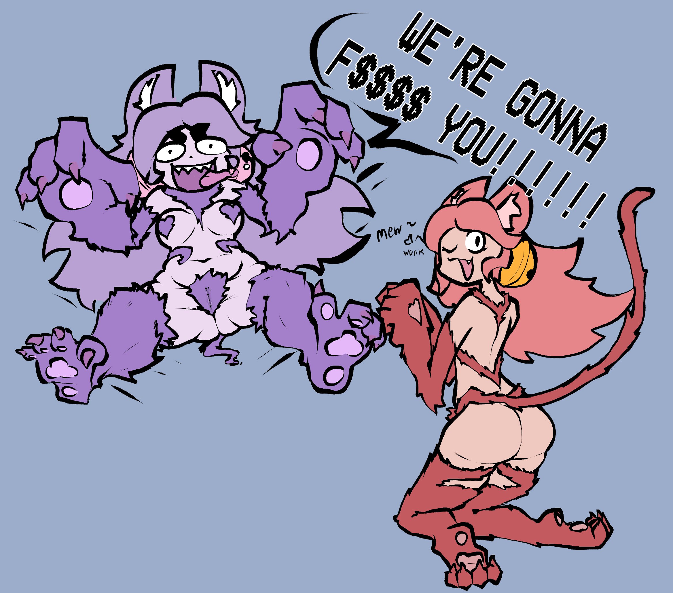 2girls, cat ears, cat tail, catgirl, cosplay, deltarune, deltarune chapter 5, dual persona, felicia (darkstalkers) (cosplay), fur, furry female, irritable ghost (deltarune), mad mew mew, mew mew (undertale), pink (deltarune), steadmondslick, undertale