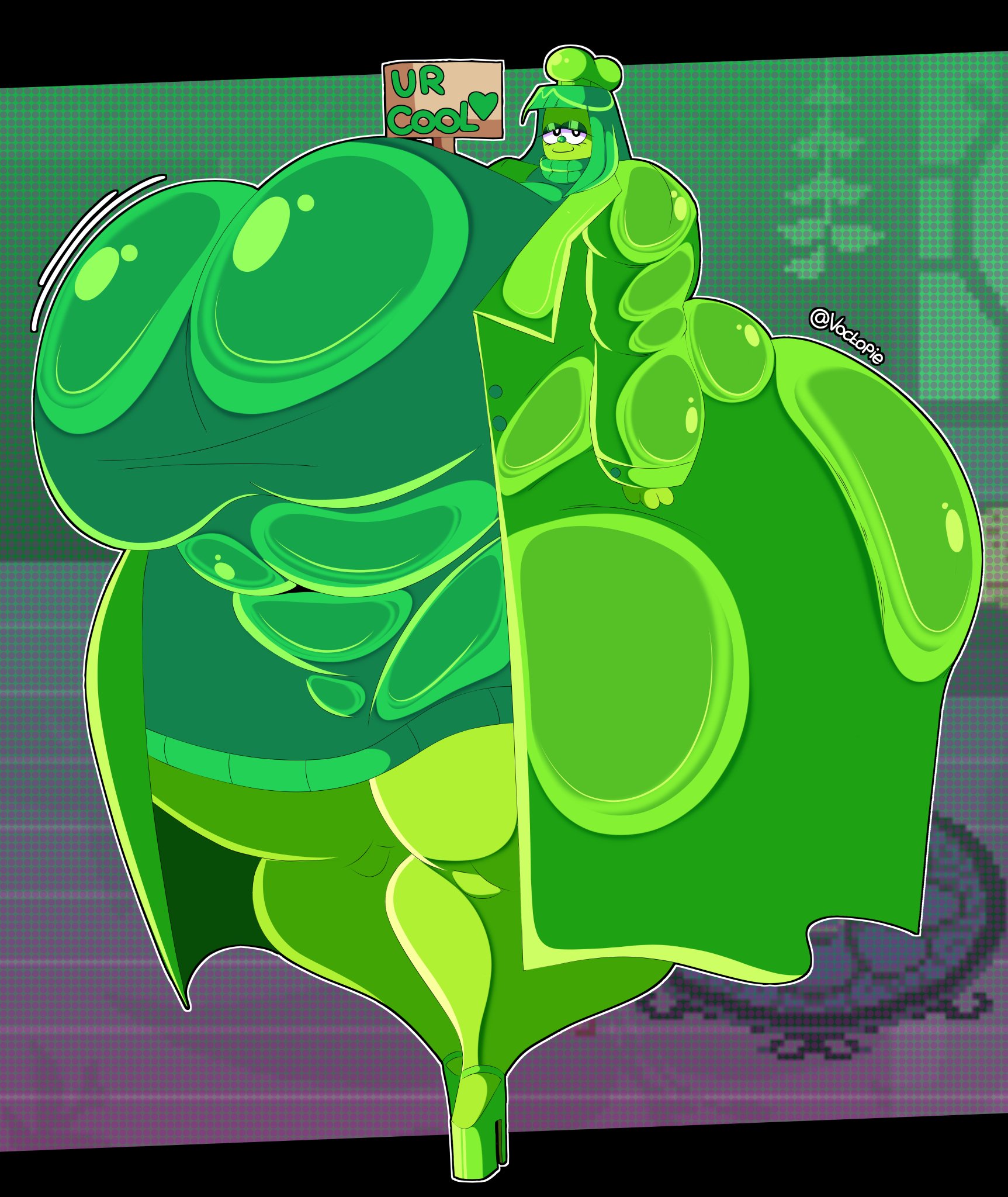 1girl, 1girls, big ass, big breasts, big thighs, chubby, chubby belly, chubby female, clothed, clothing, deltarune, deltarune chapter 5, fat, fat ass, female, female focus, female only, gigantic ass, gigantic breasts, gigantic thighs, green (deltarune), green body, green clothing, green eyes, green hair, green skin, happy, happy female, heart, heart symbol, heels, huge ass, huge breasts, huge thighs, hyper, hyper ass, hyper breasts, hyper thighs, large ass, large breasts, large thighs, long hair, looking at viewer, massive ass, massive breasts, massive thighs, phat ass, phat booty, phat butt, plump, plump ass, plump breasts, plump thighs, smile, smiling, smiling at viewer, undertale (series), voctopie, voluptuous, voluptuous body, voluptuous female