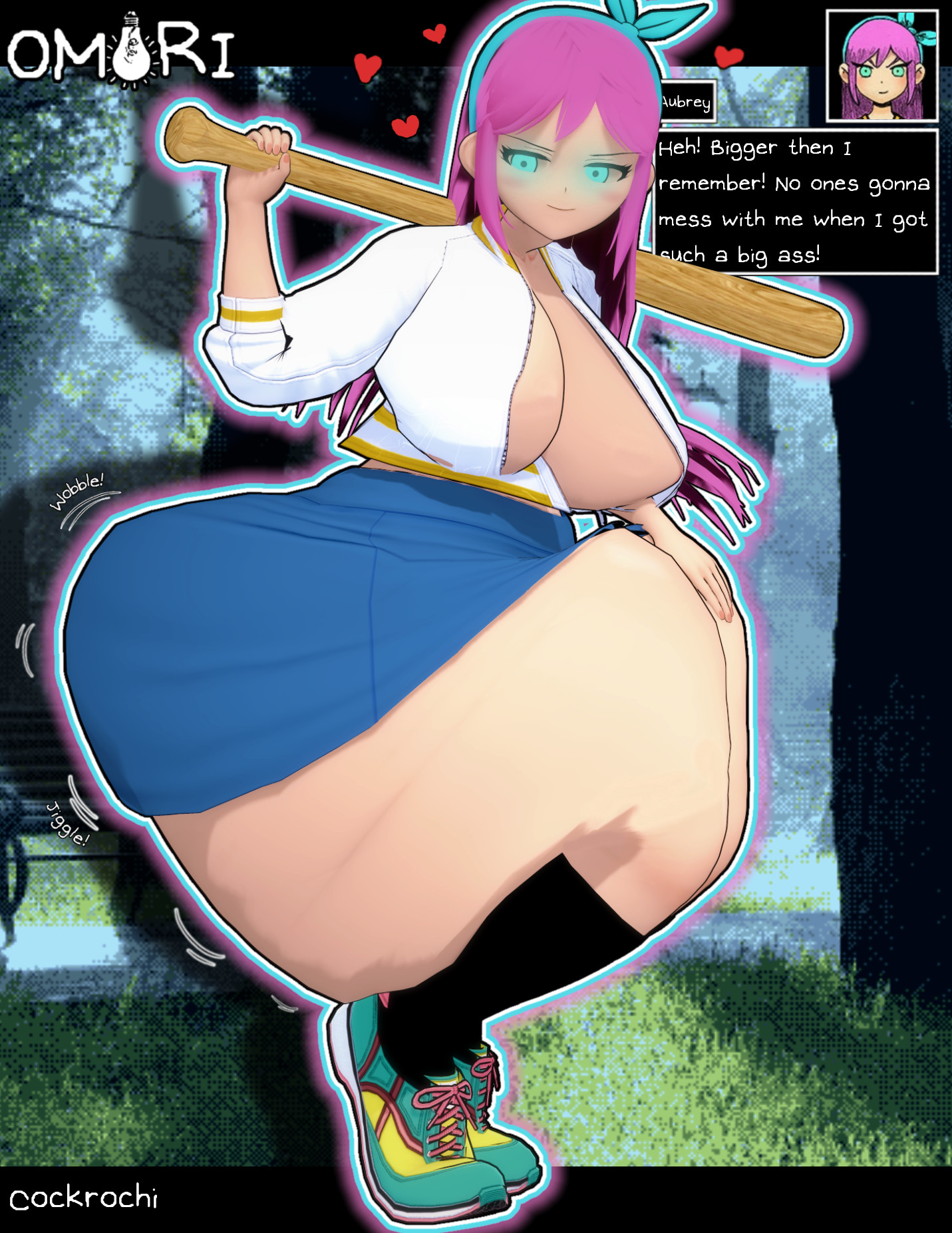 1girl, 1girls, 3d, ass, ass focus, ass size talk, aubrey (omori), baseball bat, big ass, big breasts, big thighs, blue eyes, boobs, breasts, bubble ass, bubble butt, clothed, clothed female, clothing, cockrochi, dat ass, dialog, dialogue, dialogue box, fat ass, female, female only, huge ass, huge thighs, jacket, jacket open, jiggle, jiggling ass, light skin, light-skinned female, massive ass, movement lines, no bra, no panties, omori, pink hair, self upload, size talk, smirk, smirking, smug, solo, solo female, solo focus, squat, squatting, text, text box, thick thighs, thighs, wobbling ass