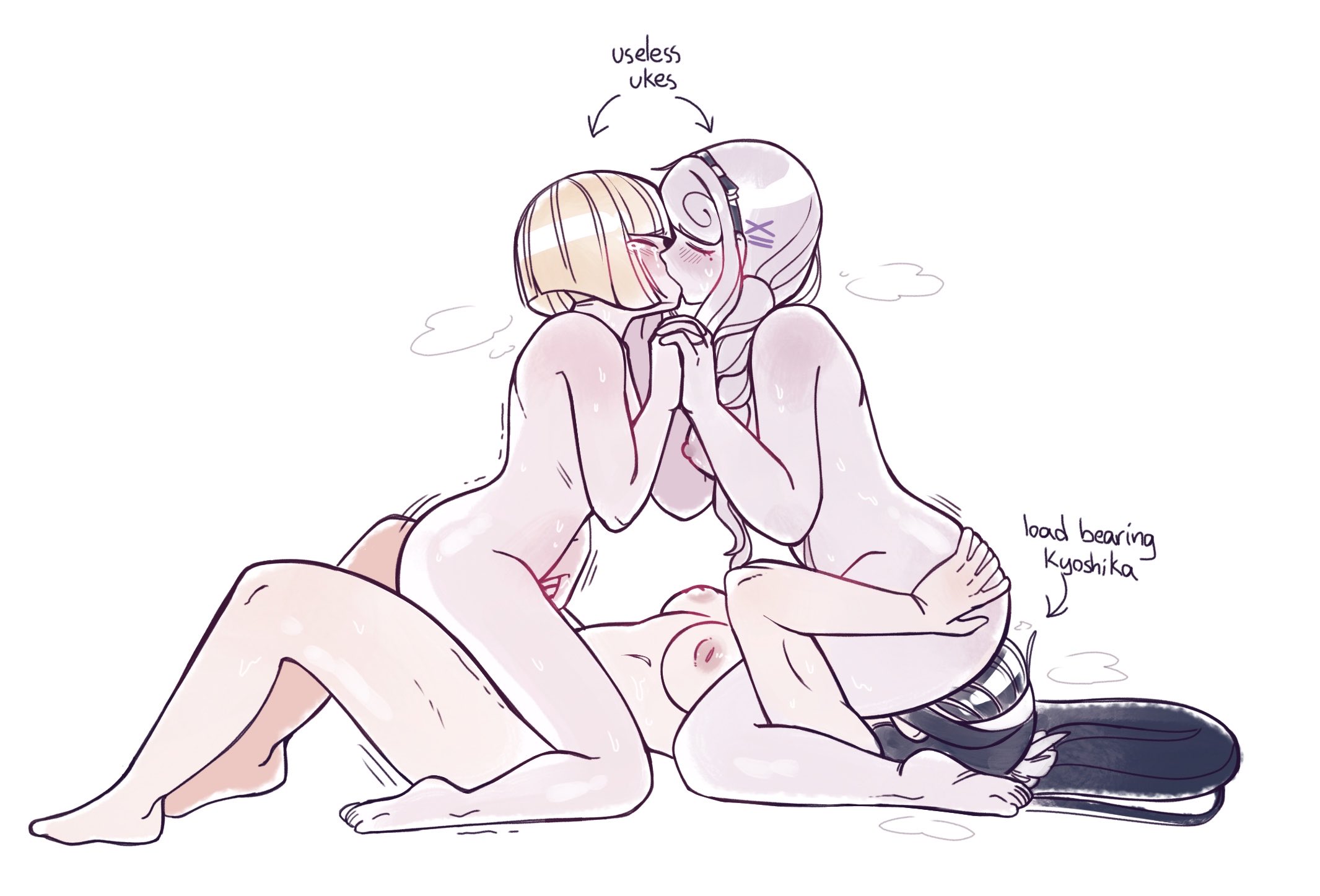 3girls, black hair, blonde hair, blush, blushing, bowl cut, breasts, cowgirl position, cunnilingus, english text, facesitting, female, female masturbation, female only, fff threesome, hair, hair ornament, kirifuji nozomi, kissing, large breasts, lesbian, lesbian threesome, magadori kyoushika, masturbation, medium breasts, nipples, novemblem, oosuzuki kurara, oosuzuki kurara (unmasked), ponytail, tears, the hundred line -last defense academy-, white hair, yuri