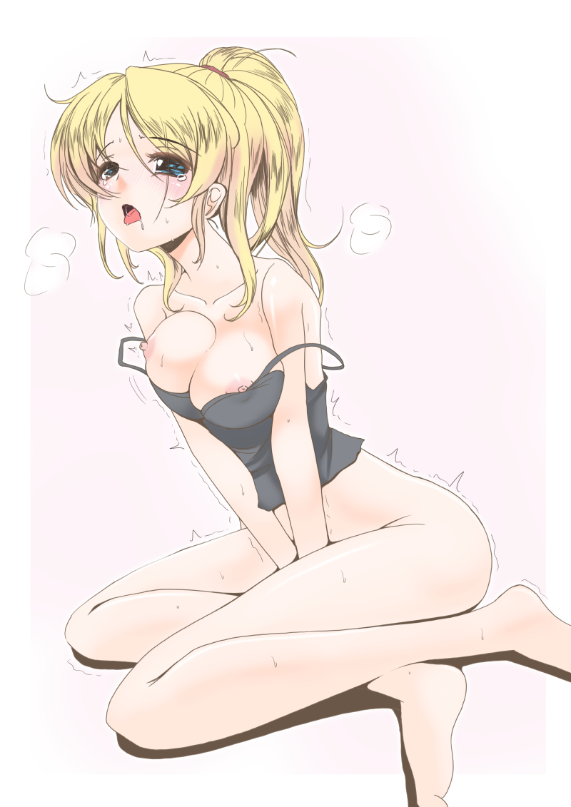 areolae ayase_eli blonde_hair blue_eyes blush breasts female female_only frapowa human love_live! love_live!_school_idol_project masturbation medium_breasts nipples open_mouth solo